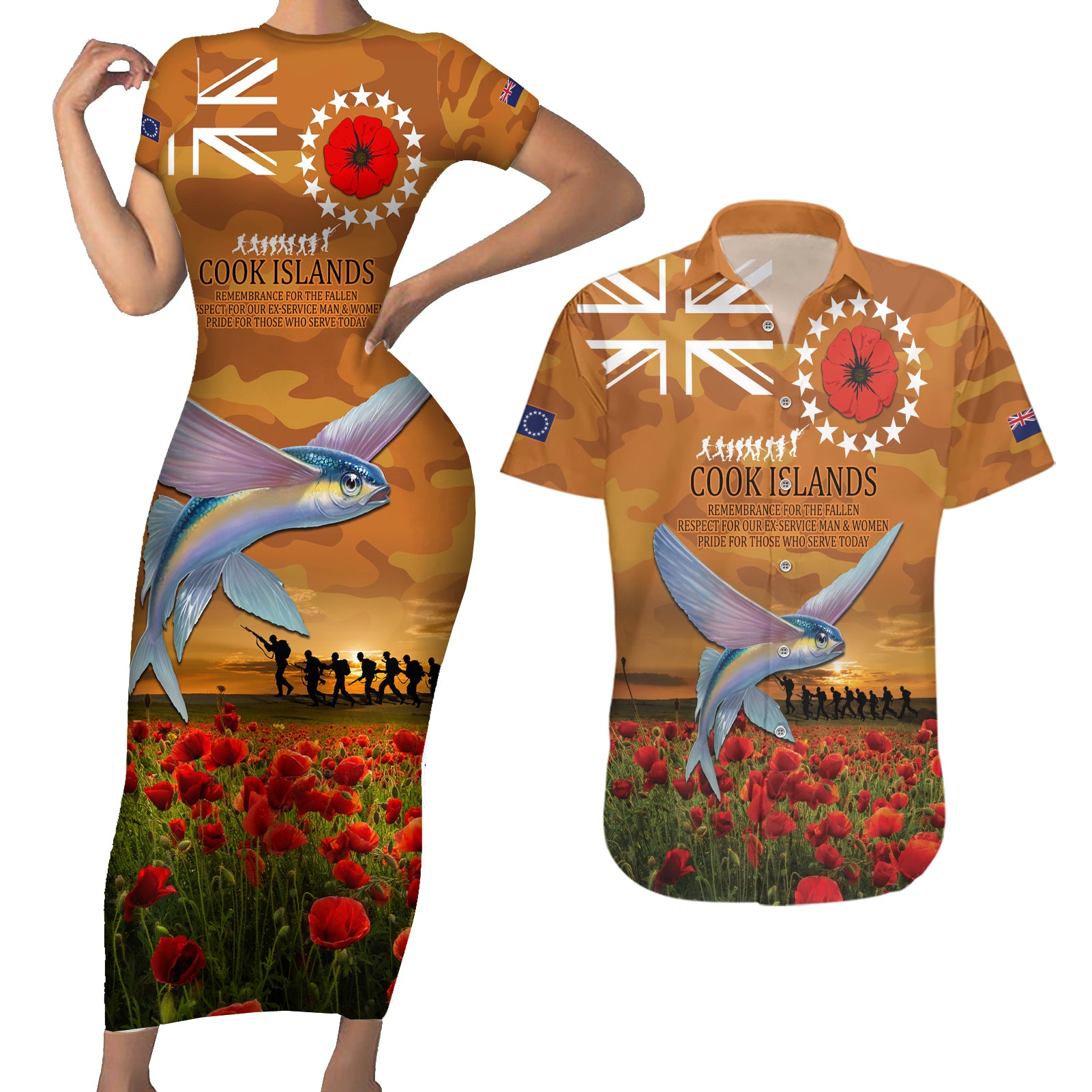 Cook Islands ANZAC Day Personalised Couples Matching Short Sleeve Bodycon Dress and Hawaiian Shirt with Poppy Field LT9 Art - Polynesian Pride