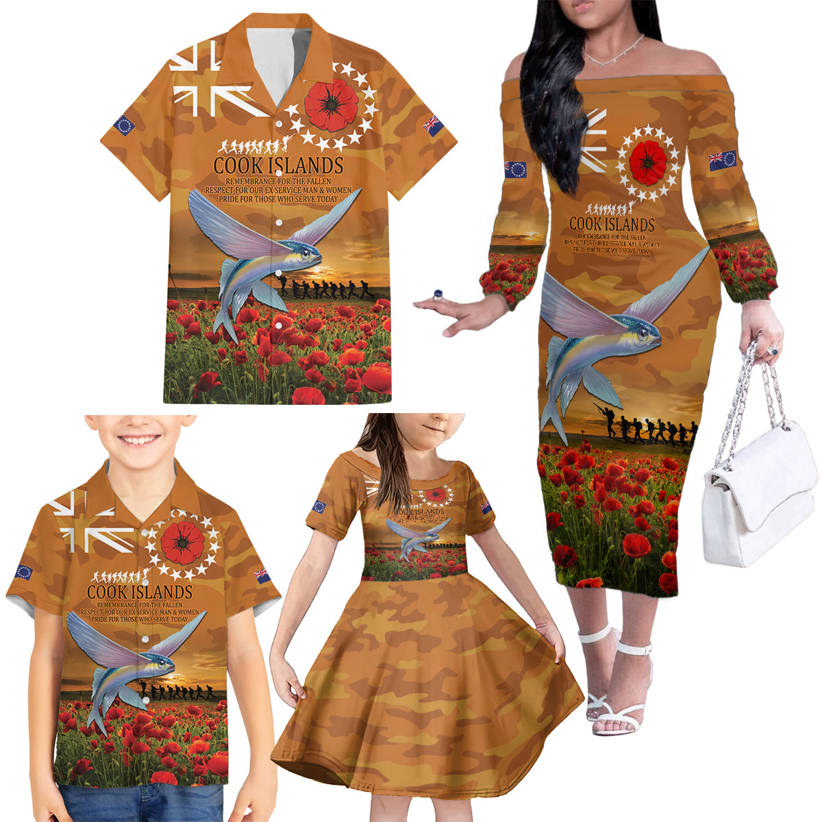 Cook Islands ANZAC Day Personalised Family Matching Off Shoulder Long Sleeve Dress and Hawaiian Shirt with Poppy Field LT9 - Polynesian Pride