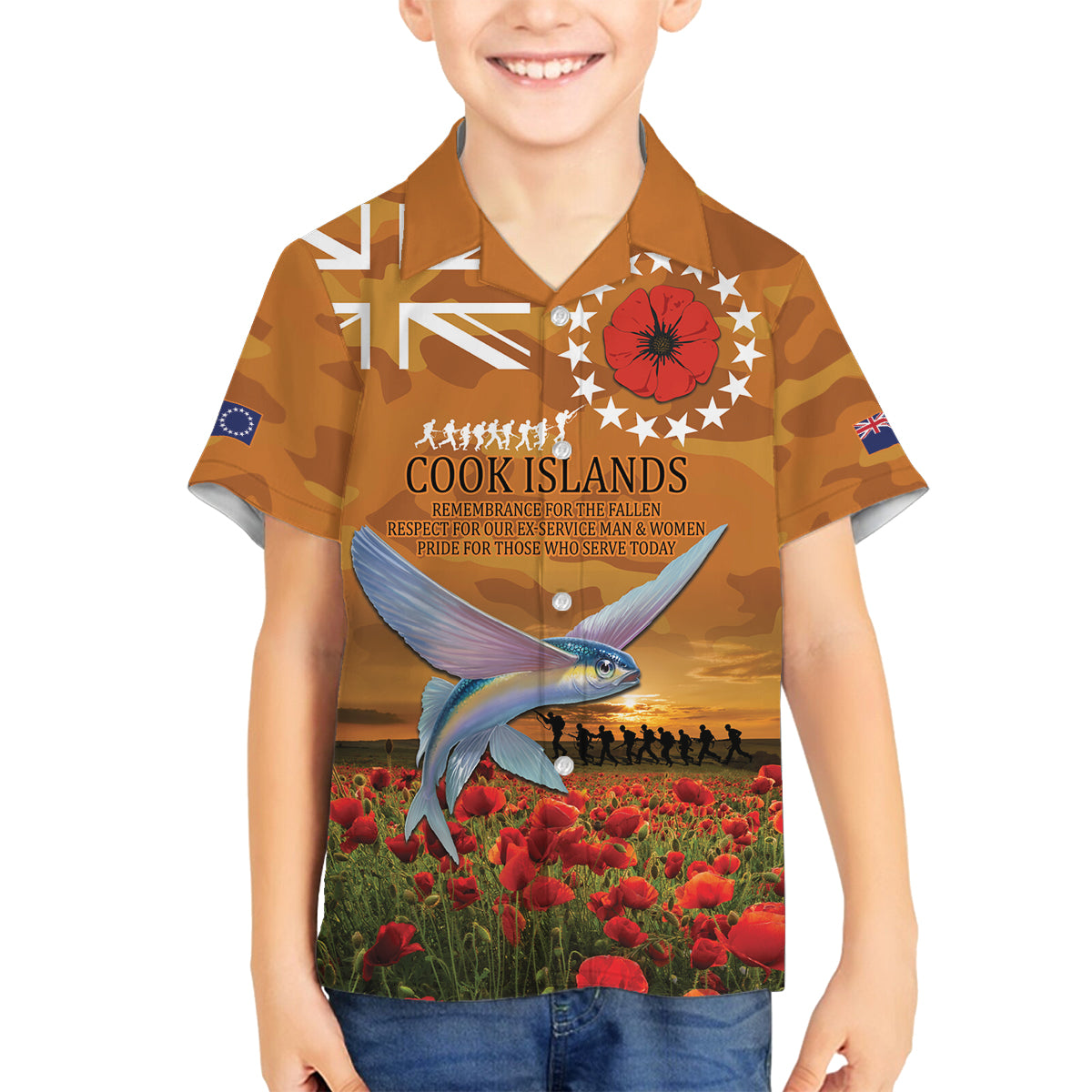 Cook Islands ANZAC Day Personalised Family Matching Off Shoulder Short Dress and Hawaiian Shirt with Poppy Field LT9 Son's Shirt Art - Polynesian Pride