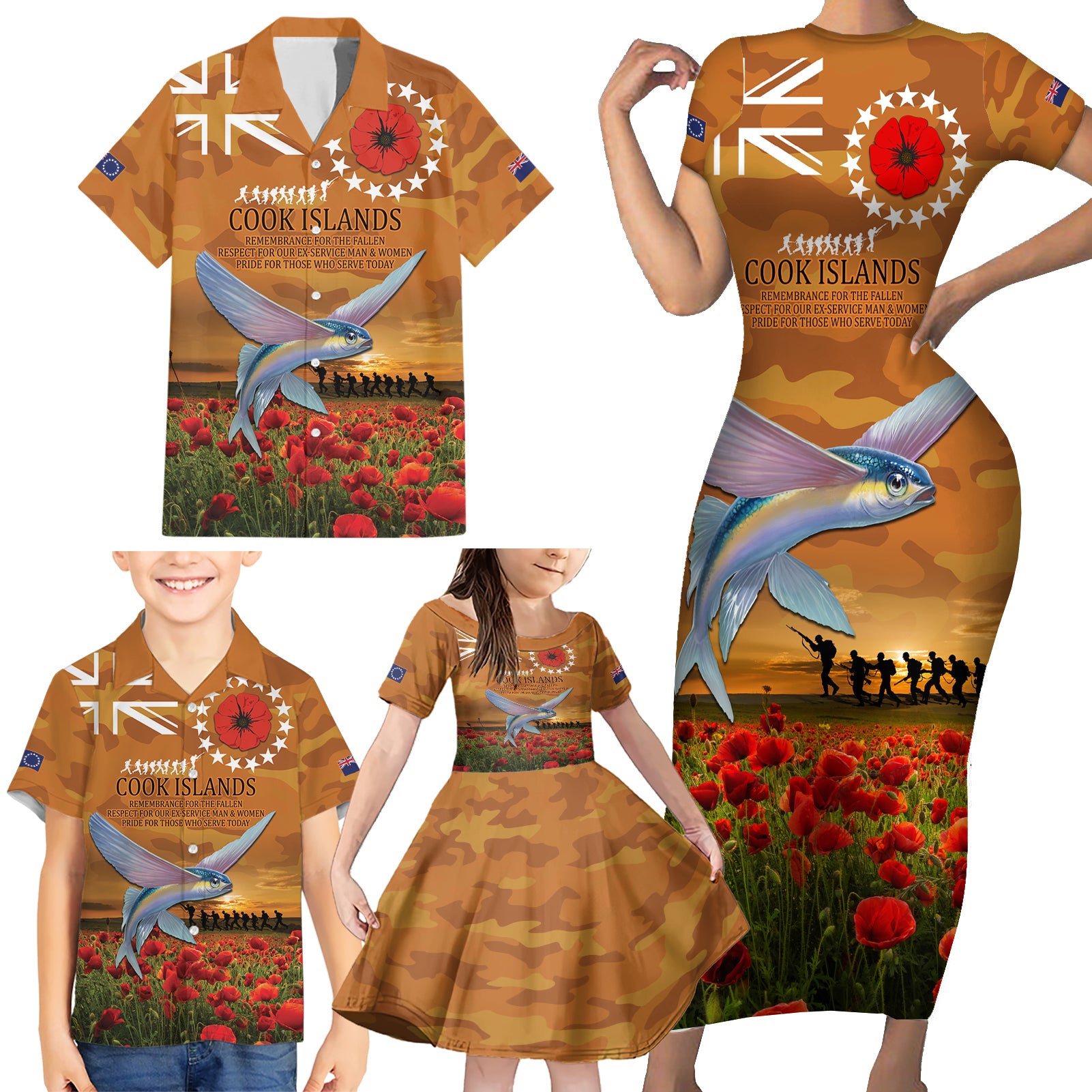 Cook Islands ANZAC Day Personalised Family Matching Short Sleeve Bodycon Dress and Hawaiian Shirt with Poppy Field LT9 - Polynesian Pride