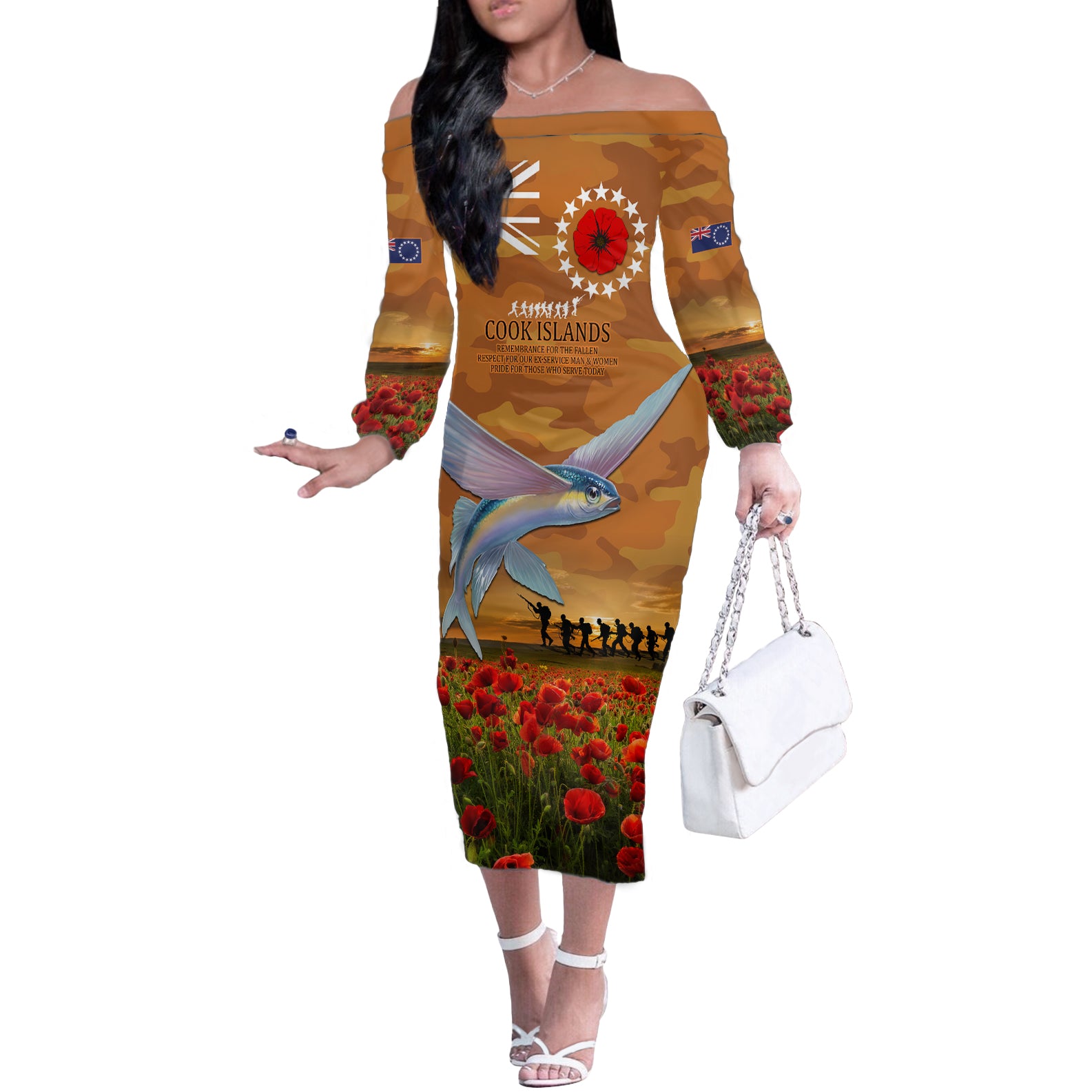 Cook Islands ANZAC Day Personalised Off The Shoulder Long Sleeve Dress with Poppy Field LT9 Women Art - Polynesian Pride