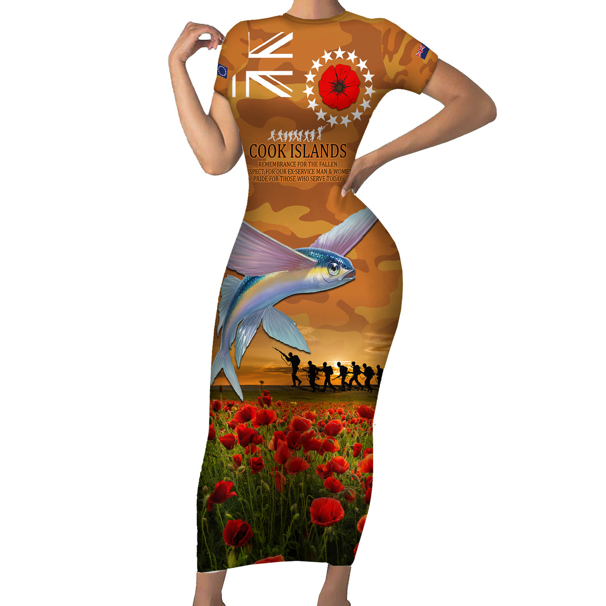 Cook Islands ANZAC Day Personalised Short Sleeve Bodycon Dress with Poppy Field LT9 Long Dress Art - Polynesian Pride