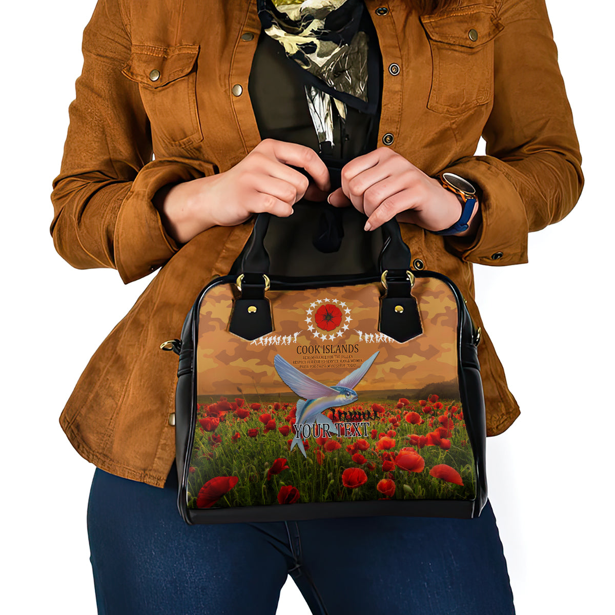 Cook Islands ANZAC Day Personalised Shoulder Handbag with Poppy Field LT9 - Polynesian Pride