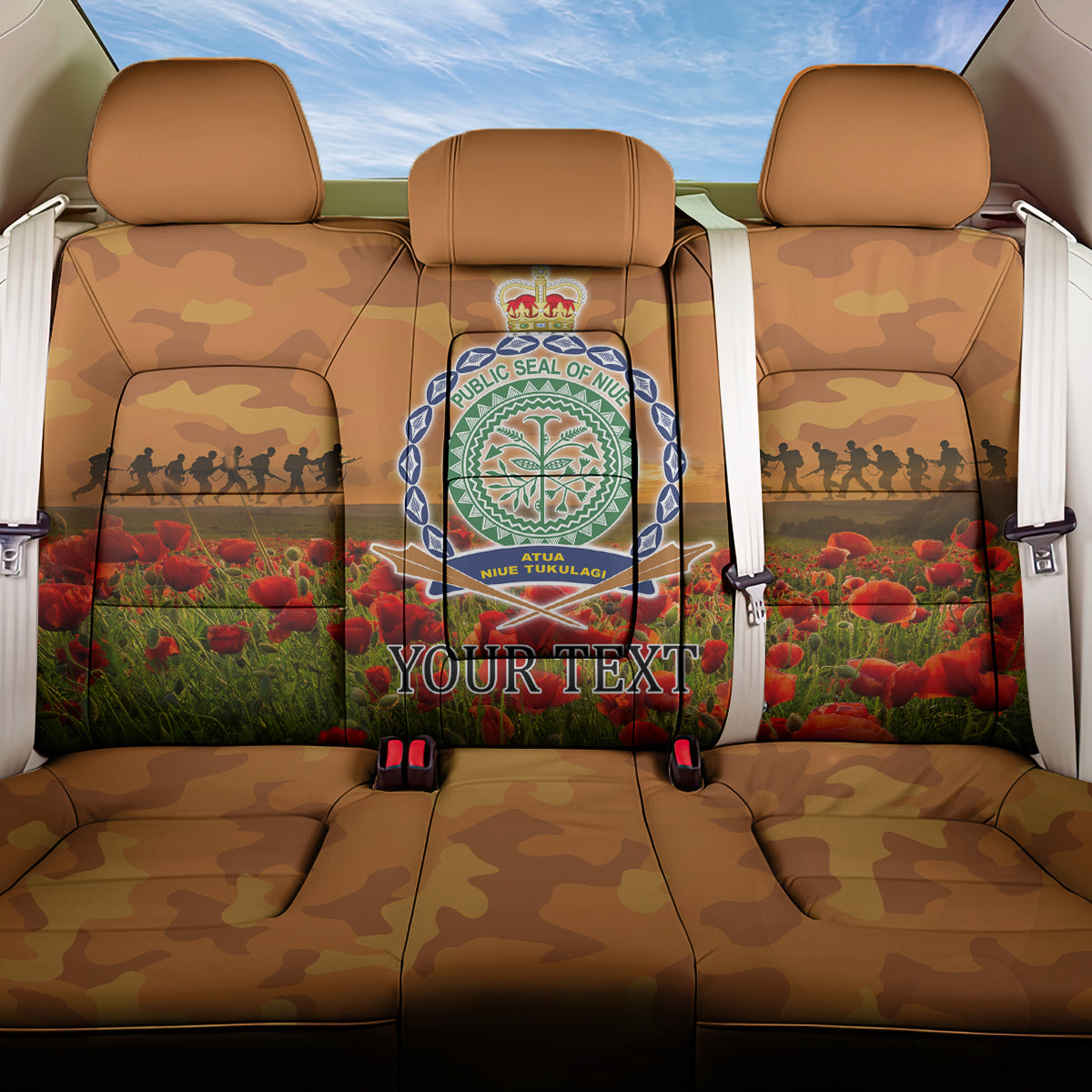 Niue ANZAC Day Personalised Back Car Seat Cover with Poppy Field LT9
