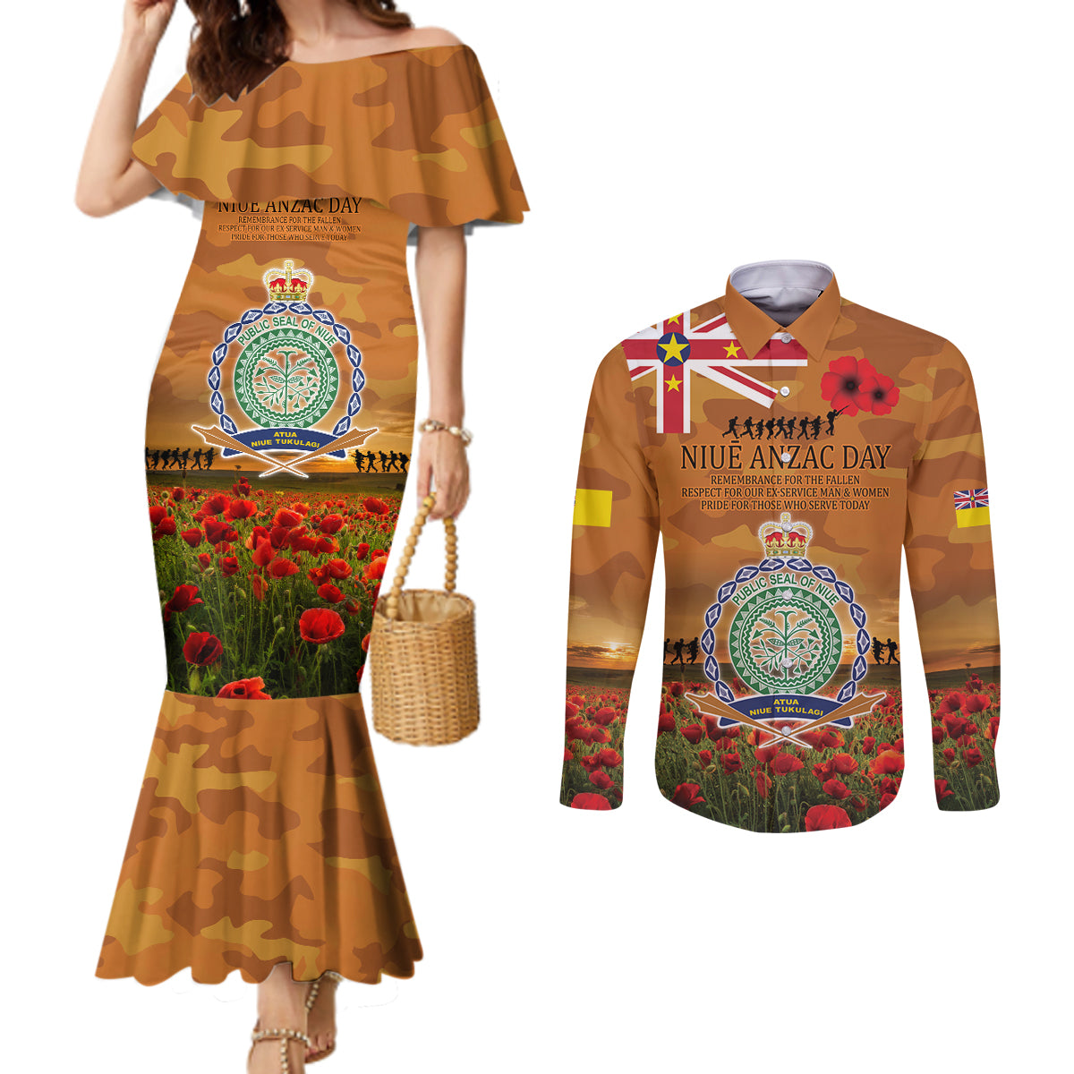 Niue ANZAC Day Personalised Couples Matching Mermaid Dress and Long Sleeve Button Shirt with Poppy Field LT9 Art - Polynesian Pride