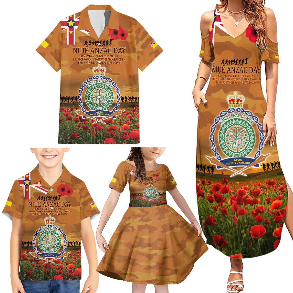 Niue ANZAC Day Personalised Family Matching Summer Maxi Dress and Hawaiian Shirt with Poppy Field LT9 - Polynesian Pride