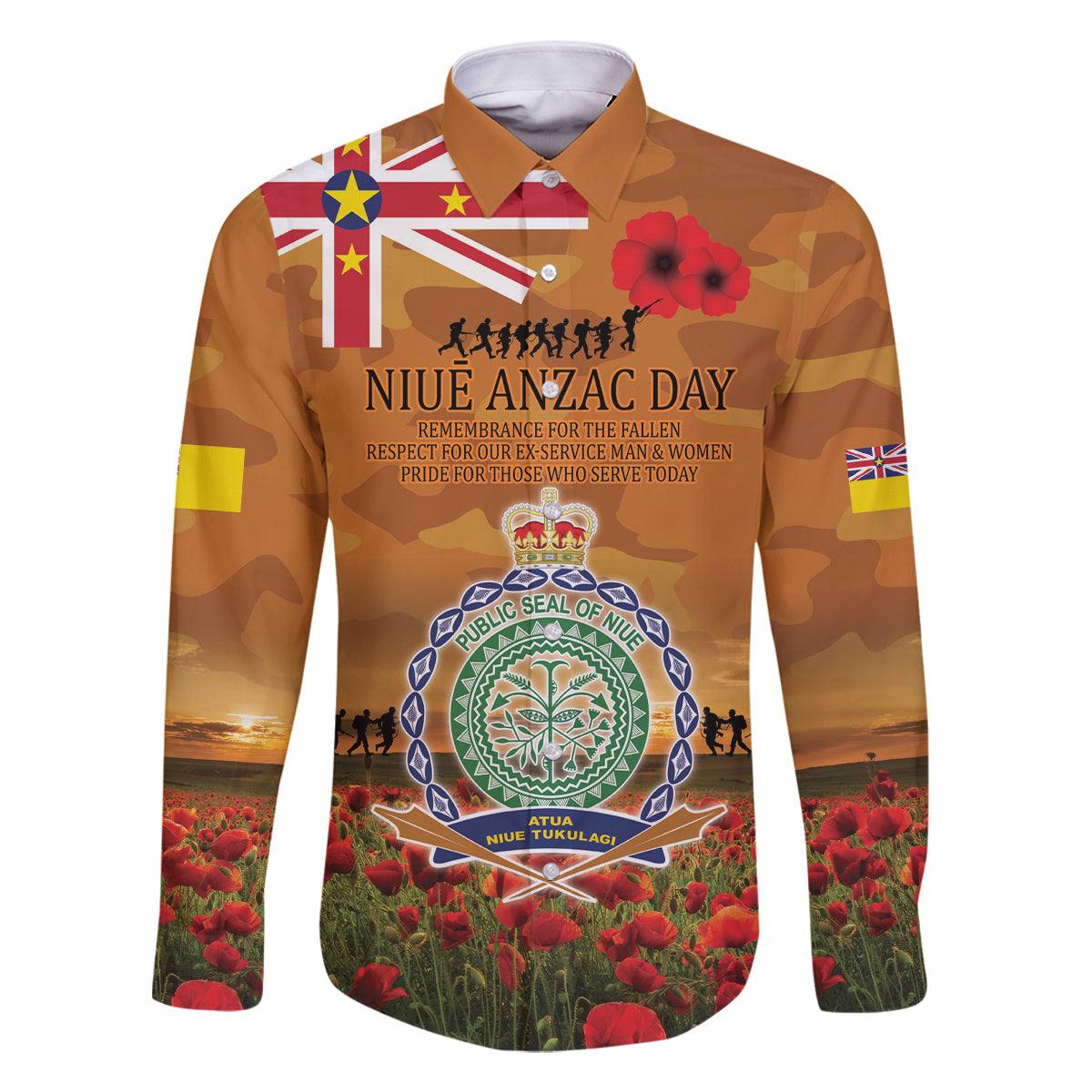 Niue ANZAC Day Personalised Family Matching Tank Maxi Dress and Hawaiian Shirt with Poppy Field LT9 Dad's Shirt - Long Sleeve Art - Polynesian Pride