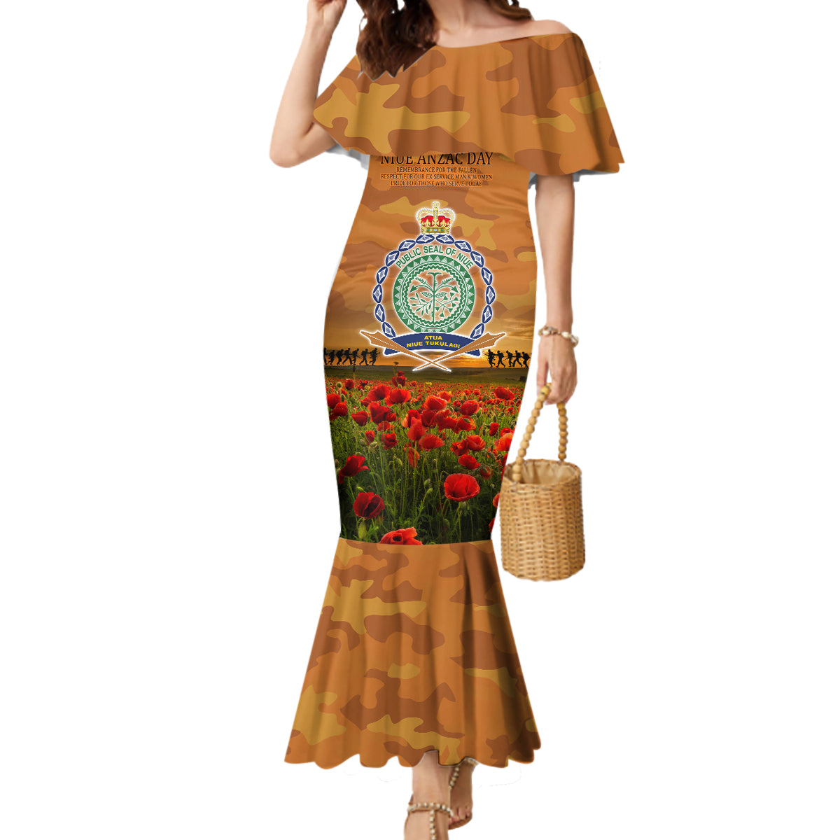 Niue ANZAC Day Personalised Mermaid Dress with Poppy Field LT9 Women Art - Polynesian Pride