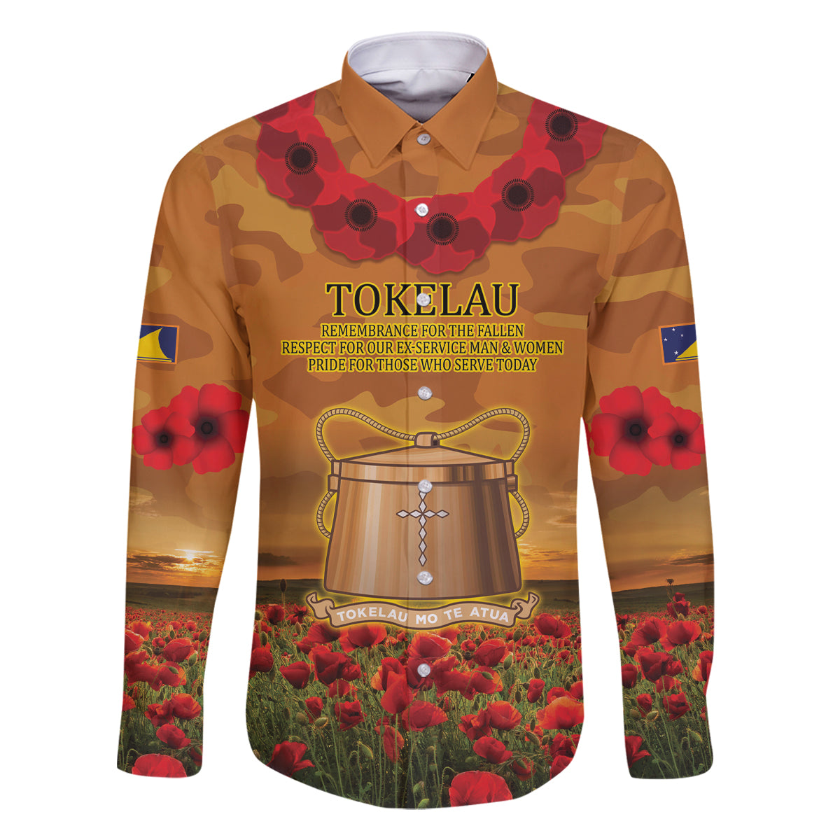 Tokelau ANZAC Day Personalised Family Matching Mermaid Dress and Hawaiian Shirt with Poppy Field LT9 Dad's Shirt - Long Sleeve Art - Polynesian Pride