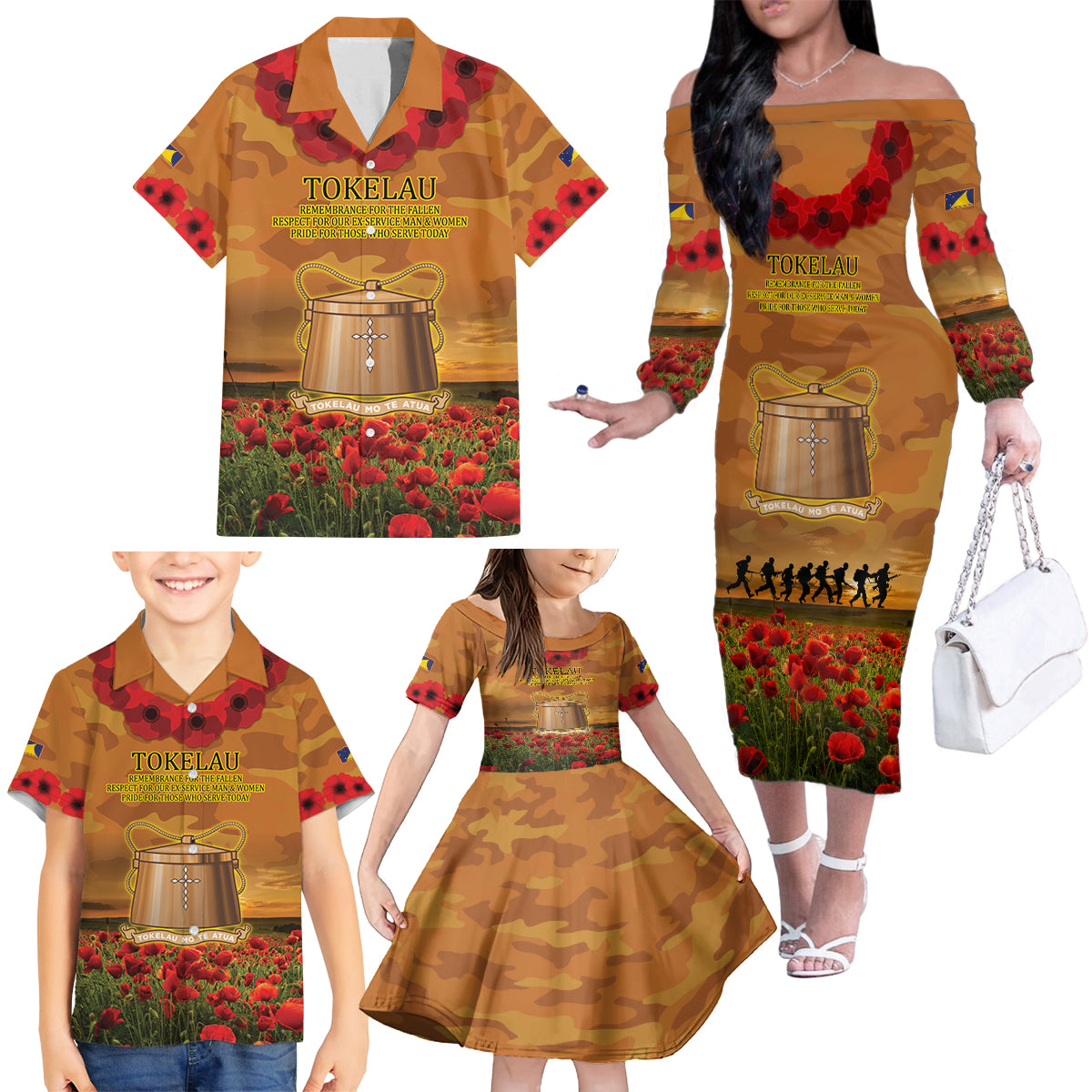 Tokelau ANZAC Day Personalised Family Matching Off Shoulder Long Sleeve Dress and Hawaiian Shirt with Poppy Field LT9 - Polynesian Pride