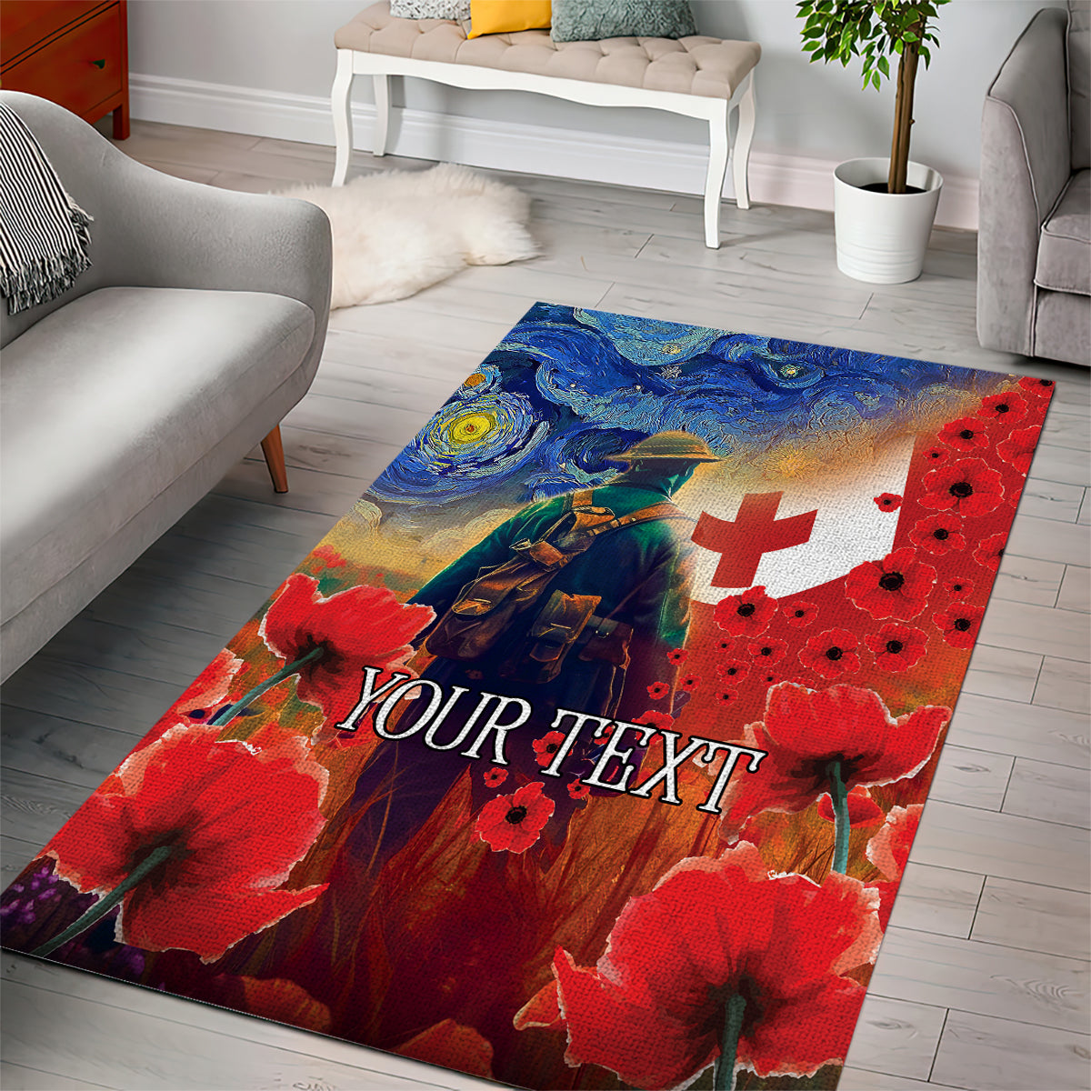 Tonga ANZAC Day Personalised Area Rug Soldier Te Tau Manatui Kinautolu with Poppy Field LT9 - Polynesian Pride
