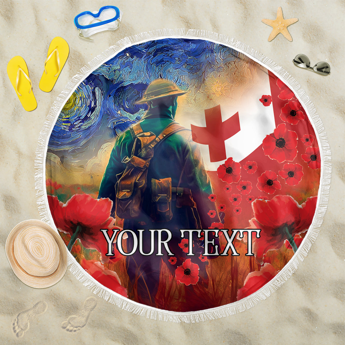 Tonga ANZAC Day Personalised Beach Blanket Soldier Te Tau Manatui Kinautolu with Poppy Field LT9 One Size 150cm Art - Polynesian Pride