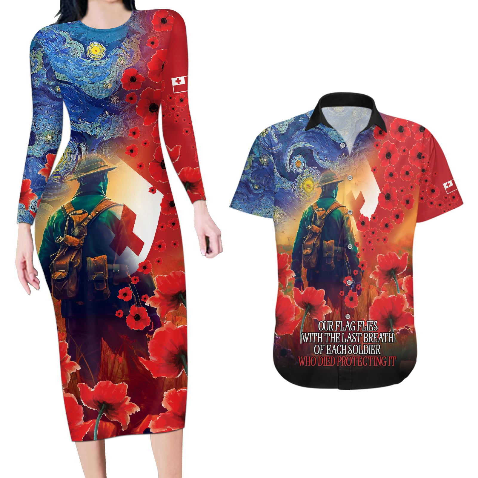 Tonga ANZAC Day Personalised Couples Matching Long Sleeve Bodycon Dress and Hawaiian Shirt Soldier Te Tau Manatui Kinautolu with Poppy Field LT9 Art - Polynesian Pride