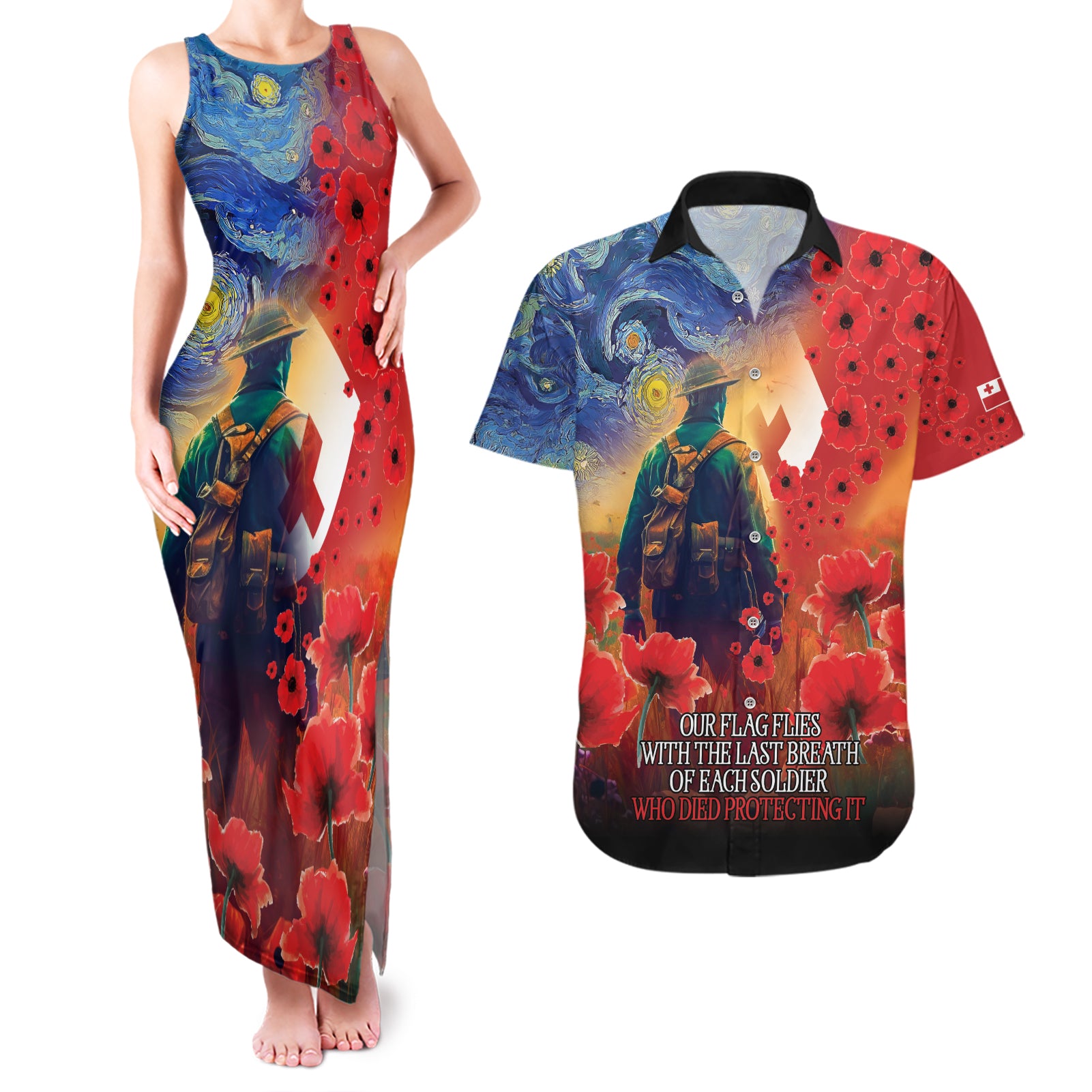 Tonga ANZAC Day Personalised Couples Matching Tank Maxi Dress and Hawaiian Shirt Soldier Te Tau Manatui Kinautolu with Poppy Field LT9 Art - Polynesian Pride