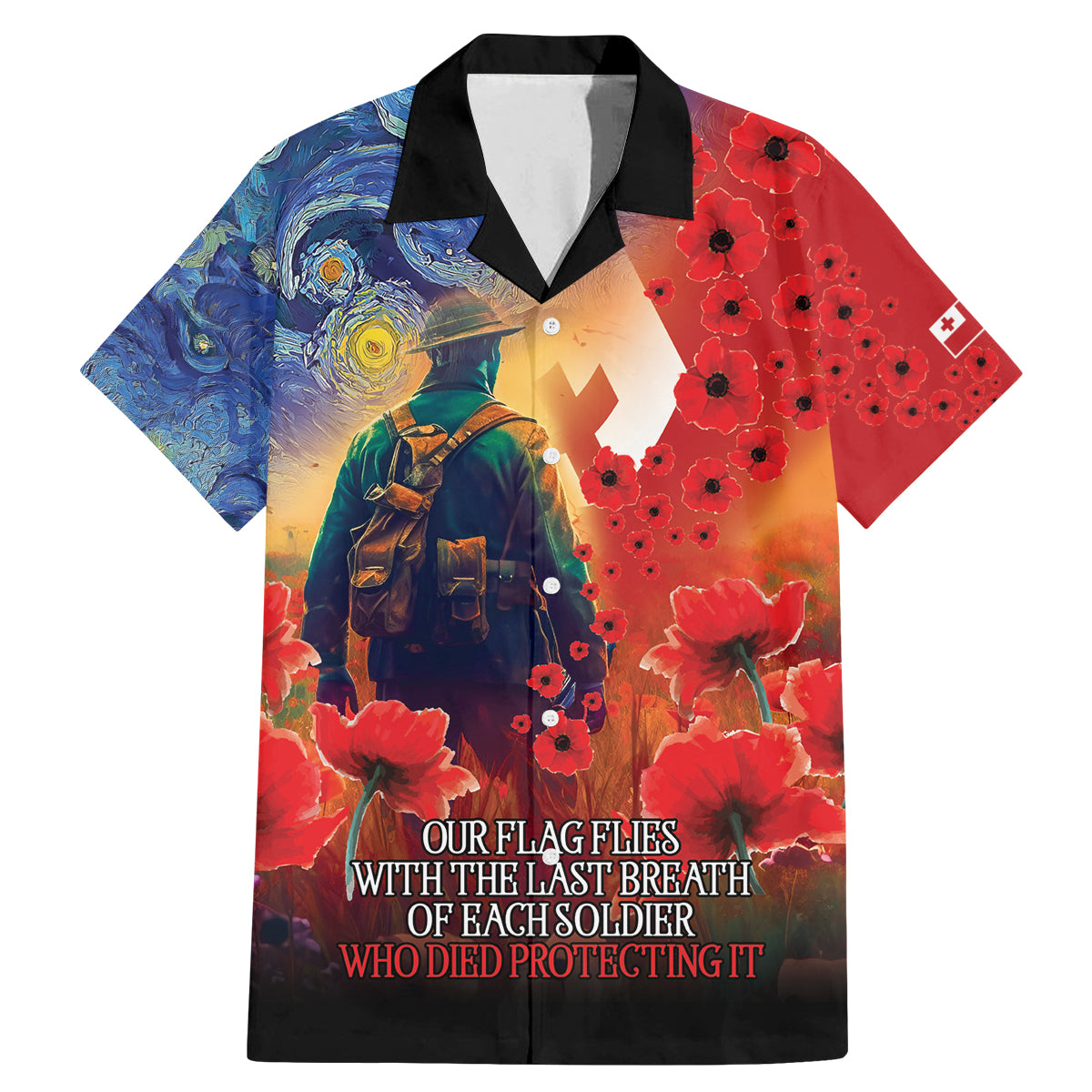 Tonga ANZAC Day Personalised Family Matching Mermaid Dress and Hawaiian Shirt Soldier Te Tau Manatui Kinautolu with Poppy Field LT9 Dad's Shirt - Short Sleeve Art - Polynesian Pride