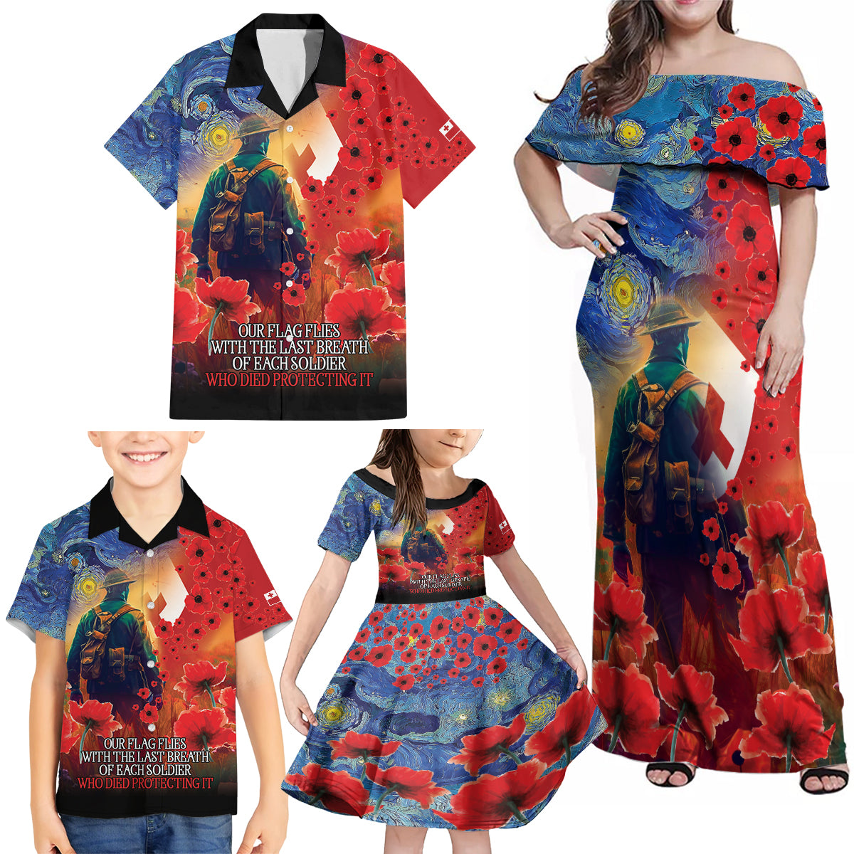 Tonga ANZAC Day Personalised Family Matching Off Shoulder Maxi Dress and Hawaiian Shirt Soldier Te Tau Manatui Kinautolu with Poppy Field LT9 - Polynesian Pride