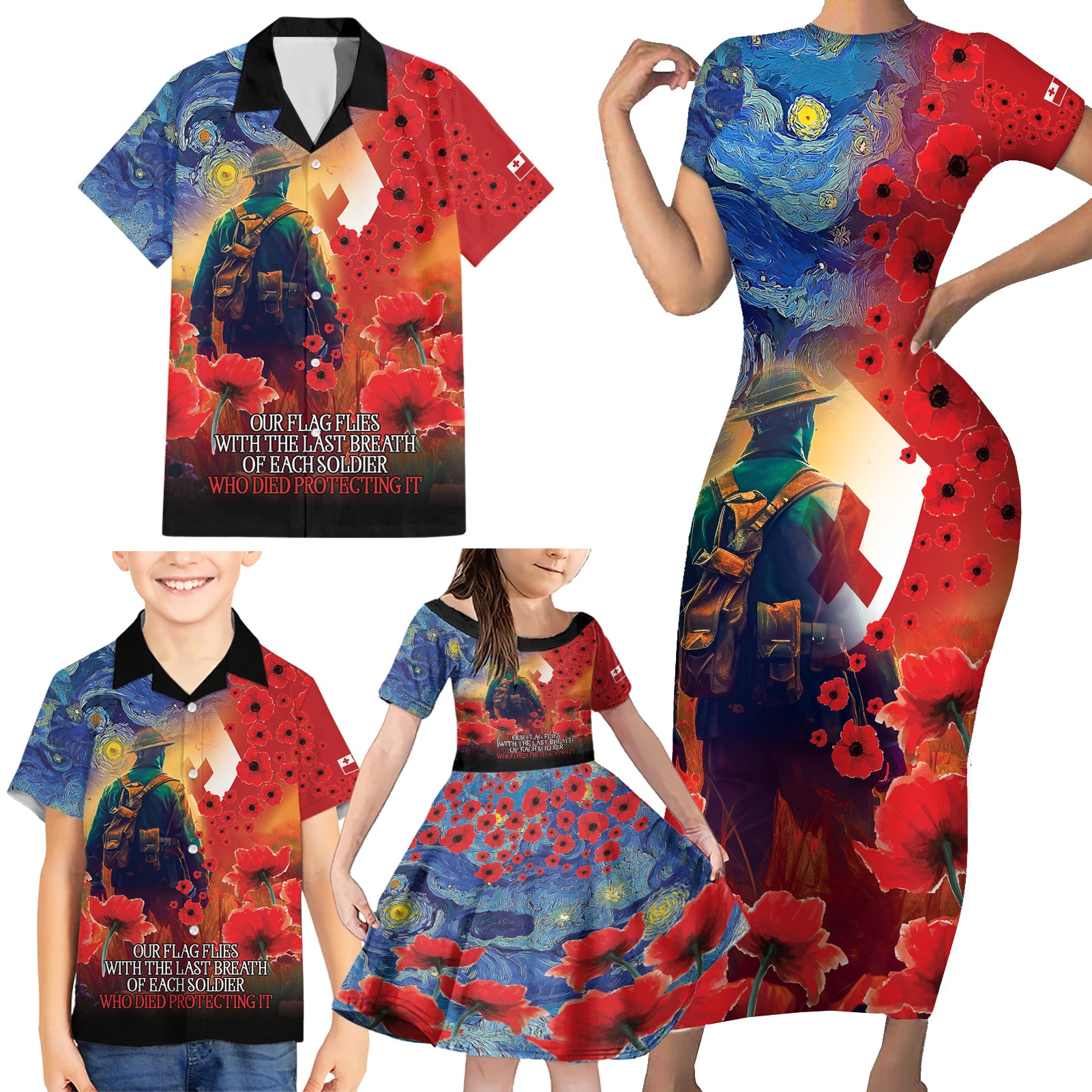 Tonga ANZAC Day Personalised Family Matching Short Sleeve Bodycon Dress and Hawaiian Shirt Soldier Te Tau Manatui Kinautolu with Poppy Field LT9 - Polynesian Pride