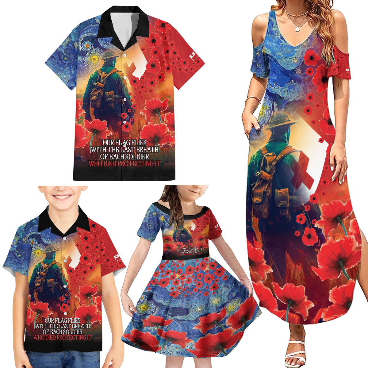 Tonga ANZAC Day Personalised Family Matching Summer Maxi Dress and Hawaiian Shirt Soldier Te Tau Manatui Kinautolu with Poppy Field LT9 - Polynesian Pride