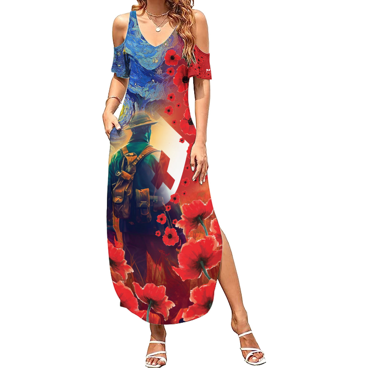 Tonga ANZAC Day Personalised Family Matching Summer Maxi Dress and Hawaiian Shirt Soldier Te Tau Manatui Kinautolu with Poppy Field LT9 Mom's Dress Art - Polynesian Pride
