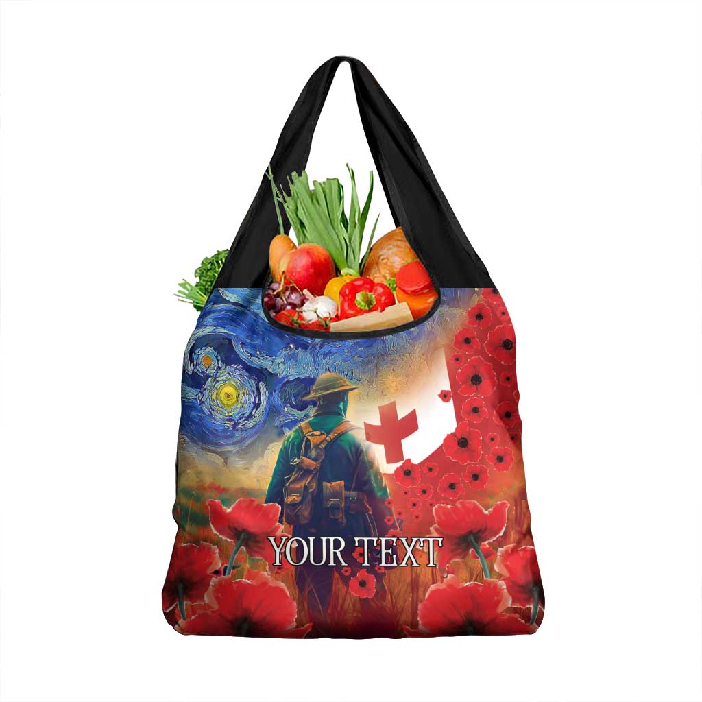 Tonga ANZAC Day Personalised Grocery Bag Soldier Te Tau Manatui Kinautolu with Poppy Field