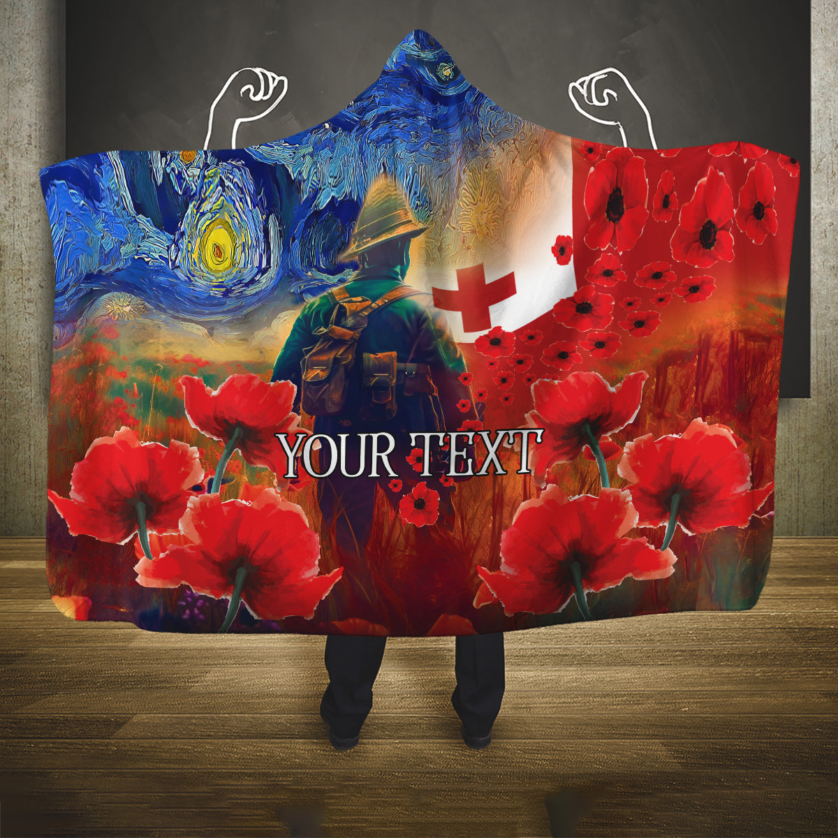 Tonga ANZAC Day Personalised Hooded Blanket Soldier Te Tau Manatui Kinautolu with Poppy Field LT9 One Size Art - Polynesian Pride