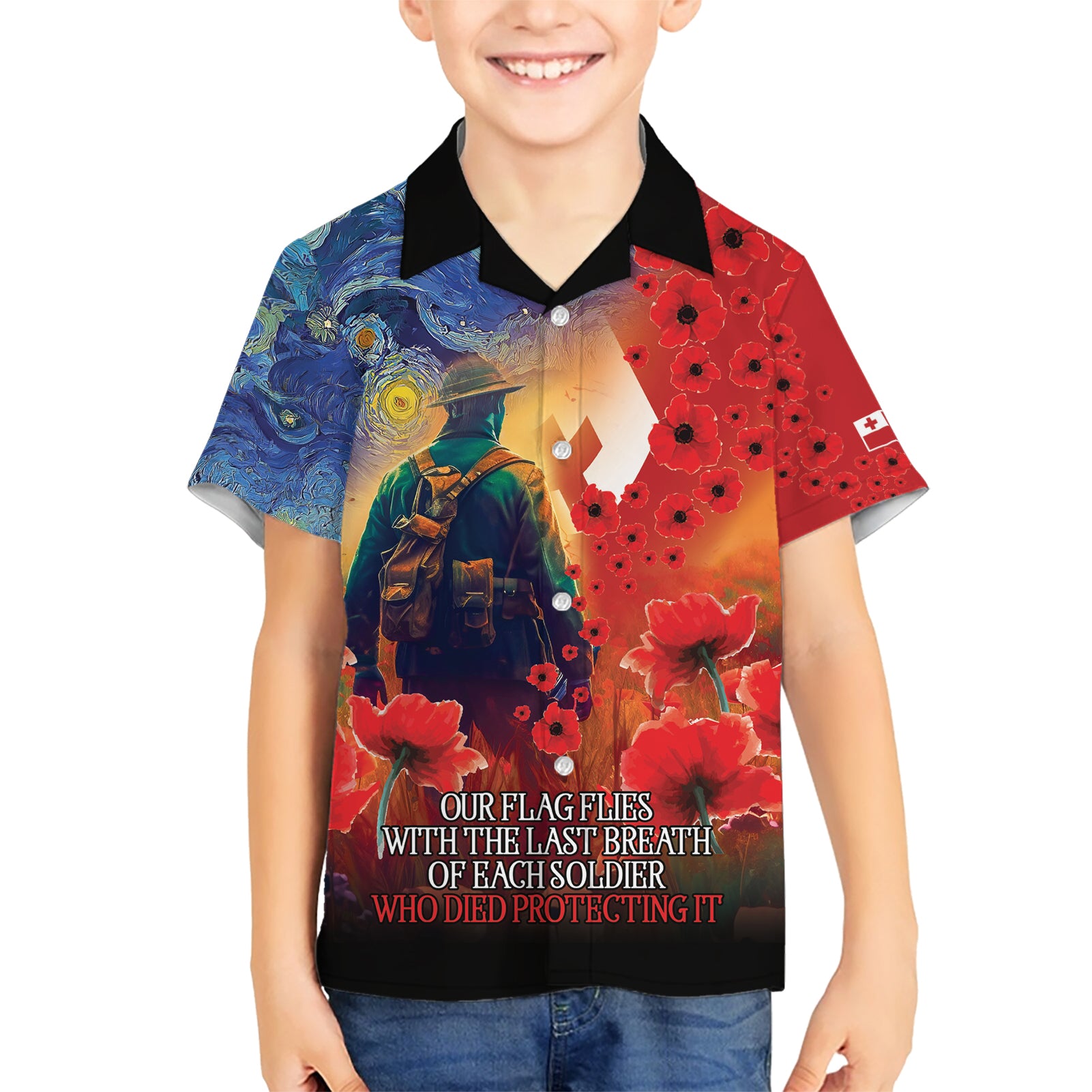 Tonga ANZAC Day Personalised Kid Hawaiian Shirt Soldier Te Tau Manatui Kinautolu with Poppy Field LT9 Kid Art - Polynesian Pride