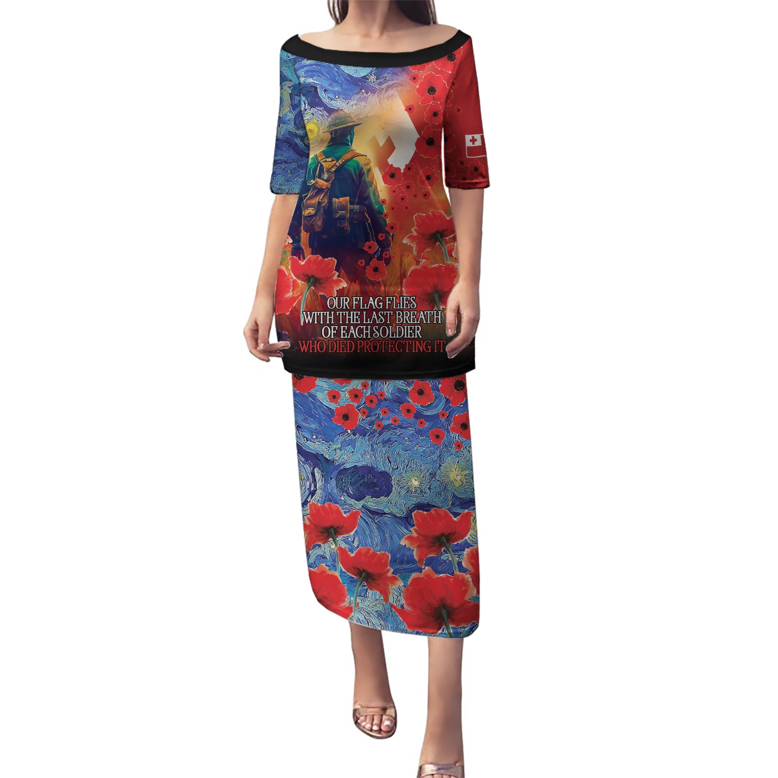 Tonga ANZAC Day Personalised Puletasi Soldier Te Tau Manatui Kinautolu with Poppy Field LT9 Long Dress Art - Polynesian Pride