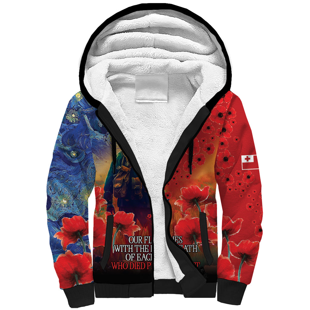 Tonga ANZAC Day Personalised Sherpa Hoodie Soldier Te Tau Manatui Kinautolu with Poppy Field LT9 Unisex Art - Polynesian Pride