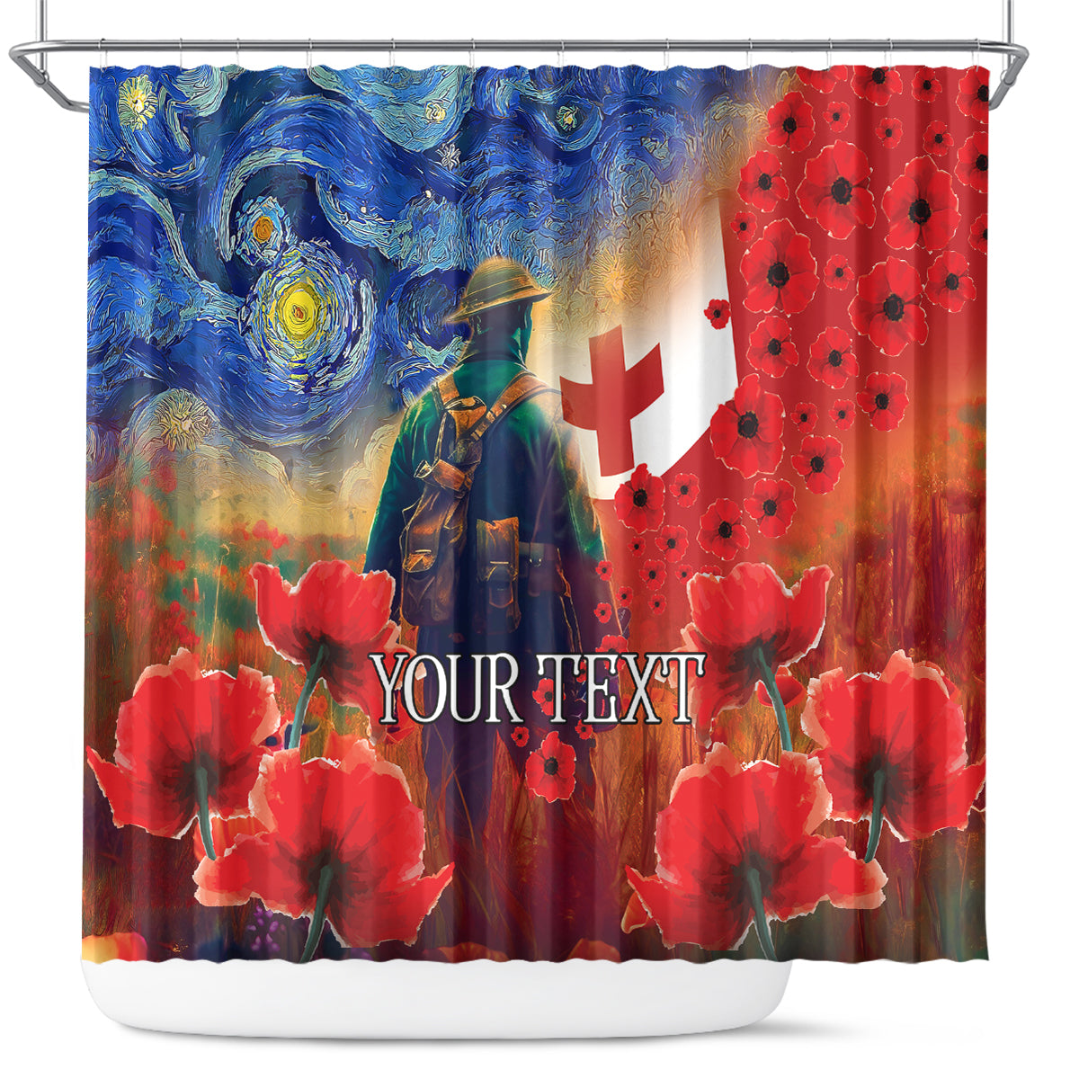 Tonga ANZAC Day Personalised Shower Curtain Soldier Te Tau Manatui Kinautolu with Poppy Field LT9 Art - Polynesian Pride