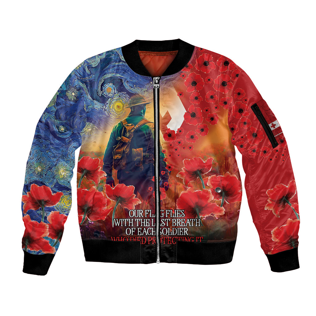 Tonga ANZAC Day Personalised Sleeve Zip Bomber Jacket Soldier Te Tau Manatui Kinautolu with Poppy Field LT9 Unisex Art - Polynesian Pride