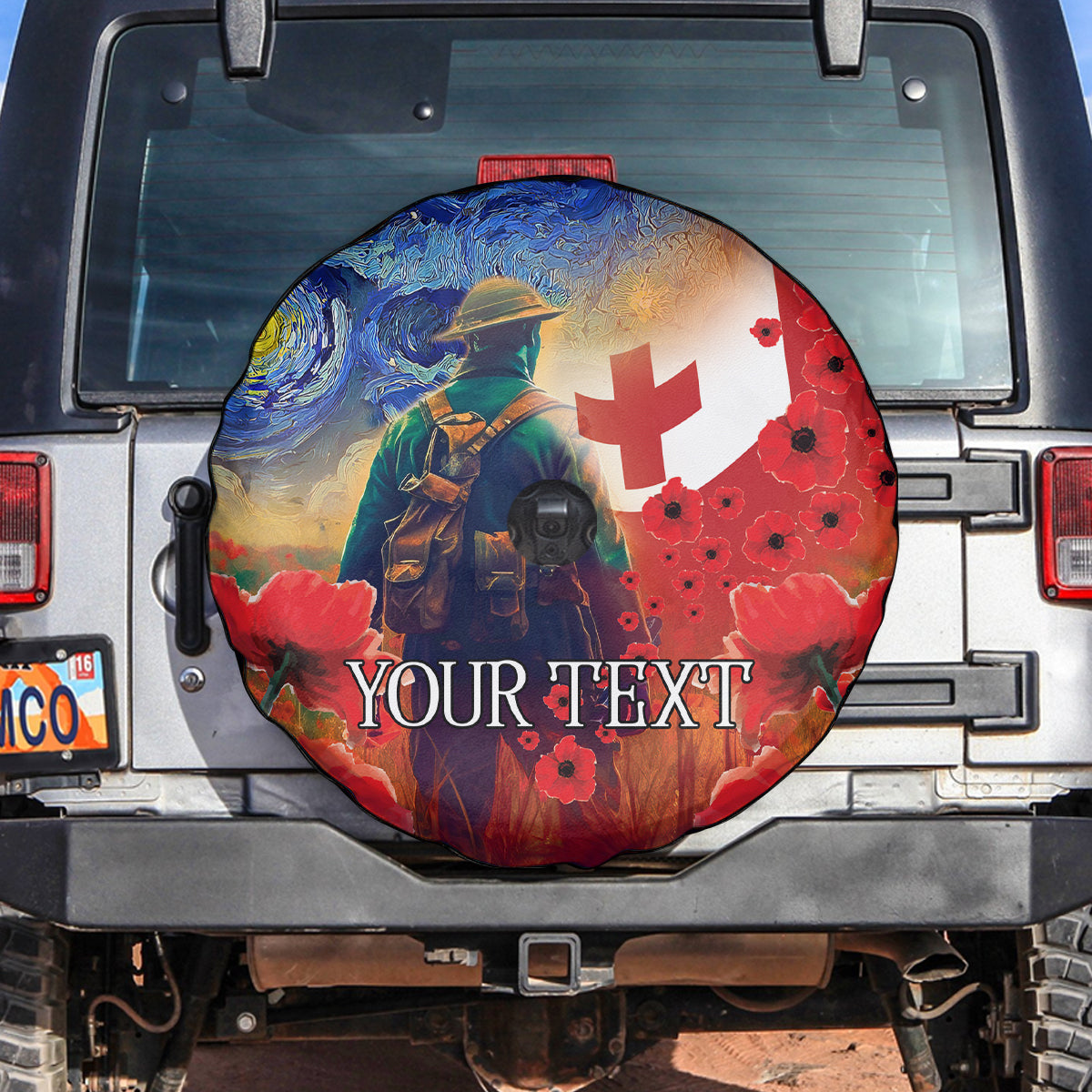 Tonga ANZAC Day Personalised Spare Tire Cover Soldier Te Tau Manatui Kinautolu with Poppy Field LT9 Art - Polynesian Pride