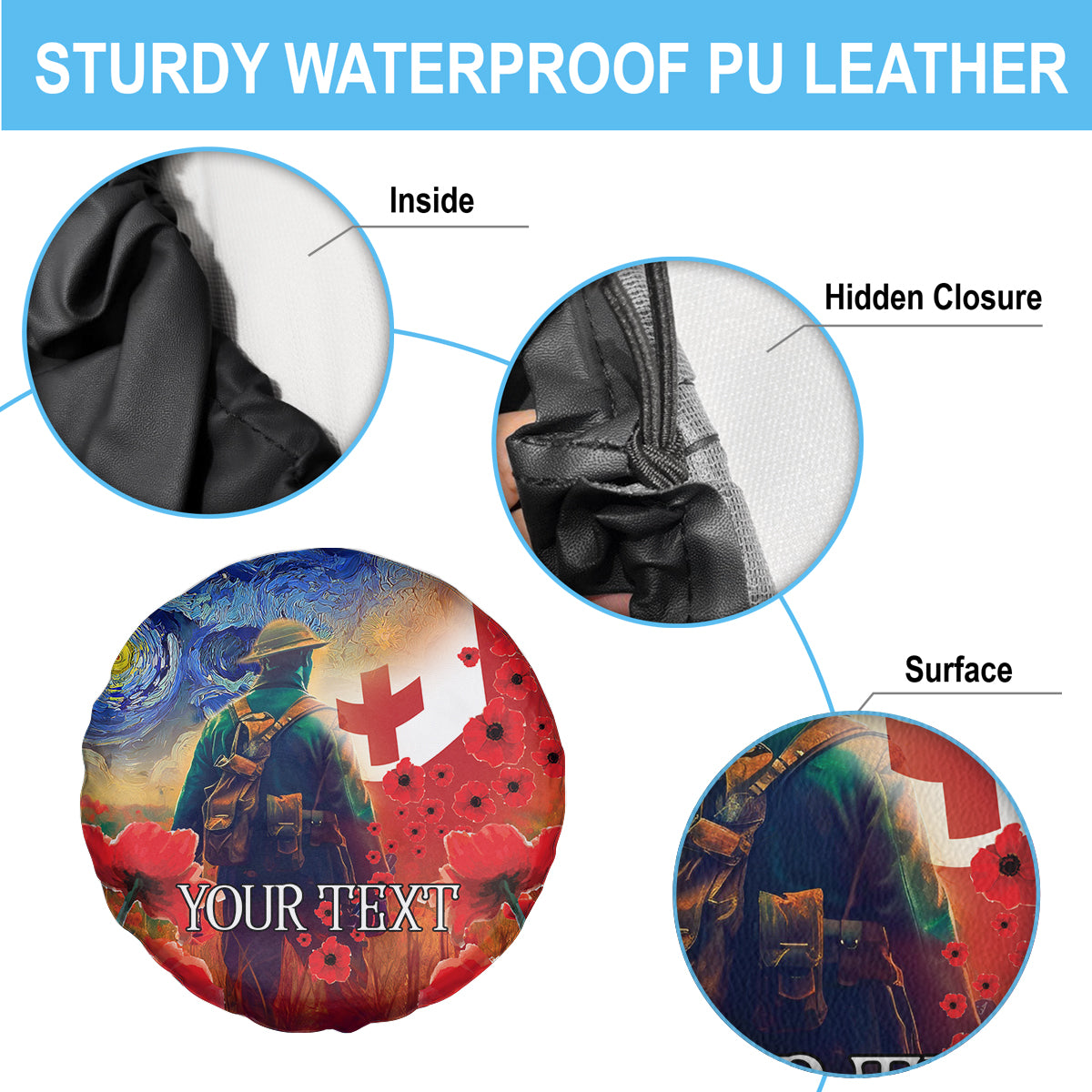 Tonga ANZAC Day Personalised Spare Tire Cover Soldier Te Tau Manatui Kinautolu with Poppy Field LT9 - Polynesian Pride