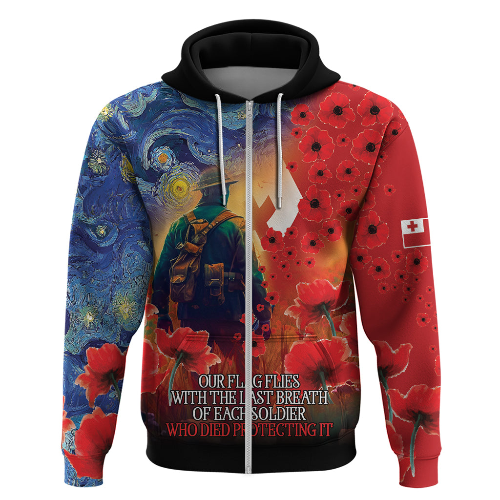 Tonga ANZAC Day Personalised Zip Hoodie Soldier Te Tau Manatui Kinautolu with Poppy Field LT9 Zip Hoodie Art - Polynesian Pride