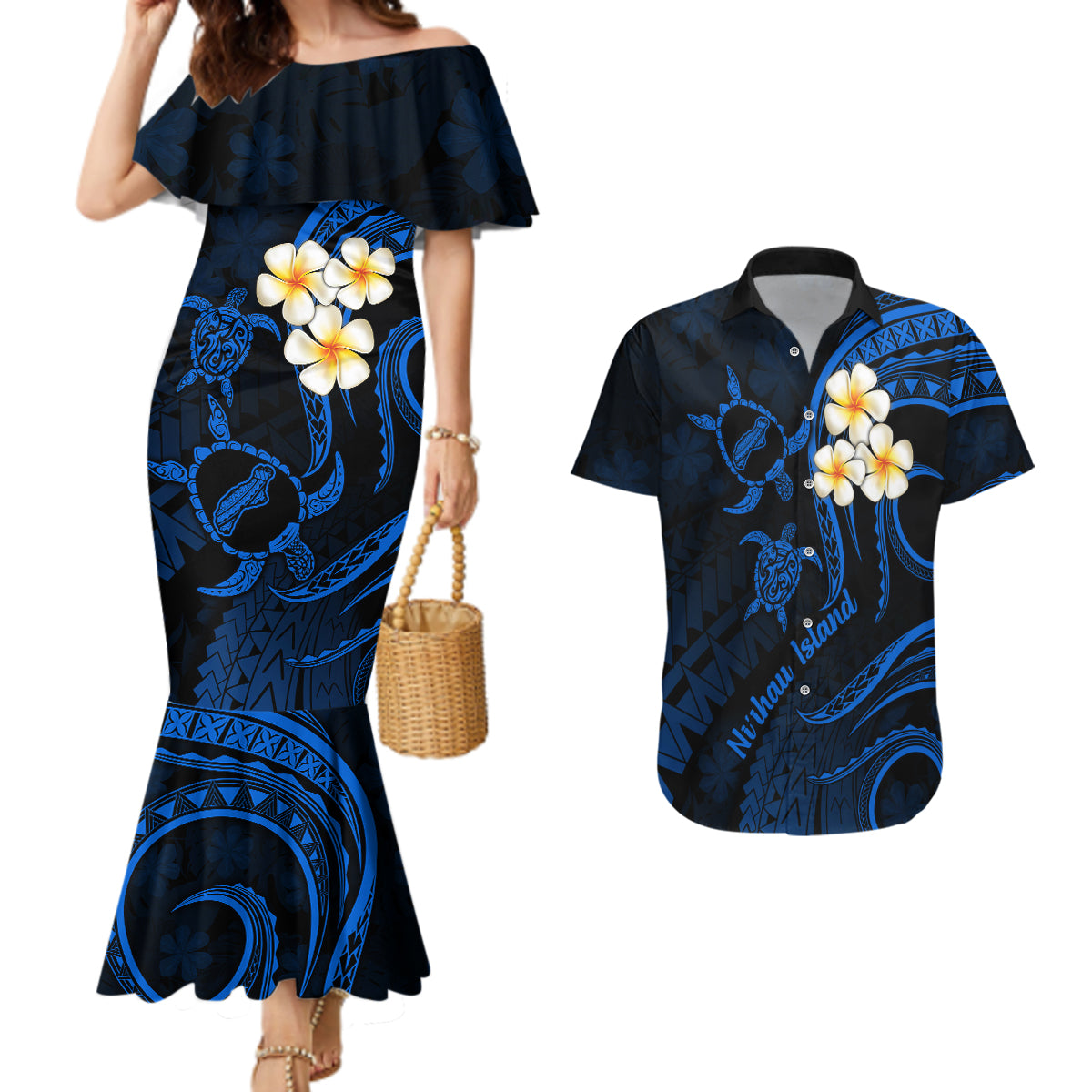 Hawaii Couples Mermaid Dress And Hawaiian Shirt Niihau Islands Polynesian Sunset Plumeria Blue Vibe LT9 Blue - Polynesian Pride