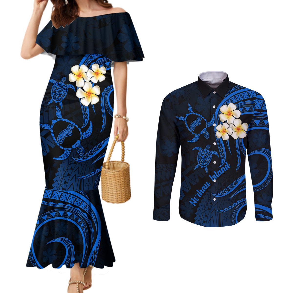 Hawaii Couples Mermaid Dress and Long Sleeve Button Shirts Niihau Islands Polynesian Sunset Plumeria Blue Vibe LT9 Blue - Polynesian Pride