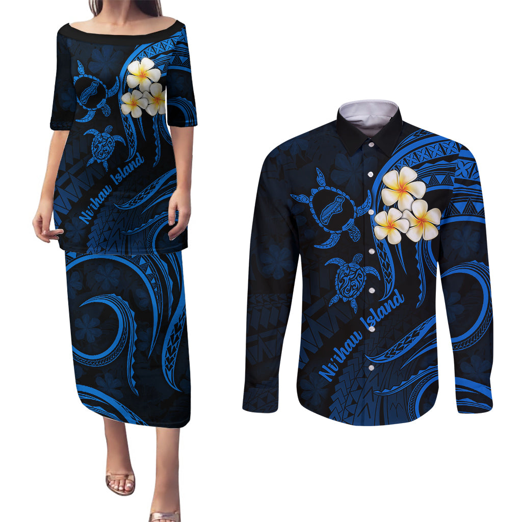 Hawaii Couples Puletasi Dress and Long Sleeve Button Shirts Niihau Islands Polynesian Sunset Plumeria Blue Vibe LT9 Blue - Polynesian Pride