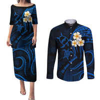 Hawaii Couples Puletasi Dress and Long Sleeve Button Shirts Niihau Islands Polynesian Sunset Plumeria Blue Vibe LT9 Blue - Polynesian Pride