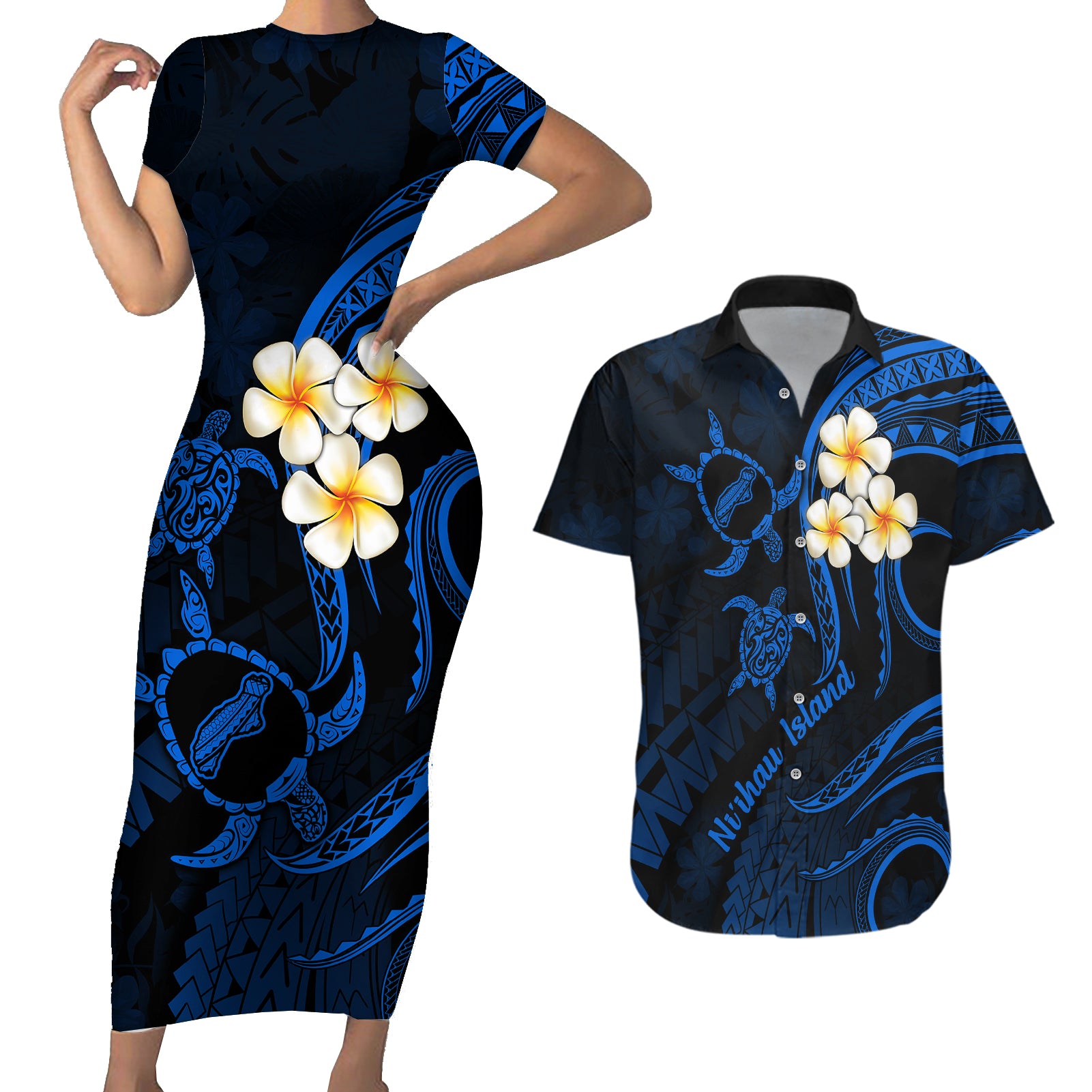 Hawaii Couples Short Sleeve Bodycon Dress and Hawaiian Shirt Niihau Islands Polynesian Sunset Plumeria Blue Vibe LT9 Blue - Polynesian Pride