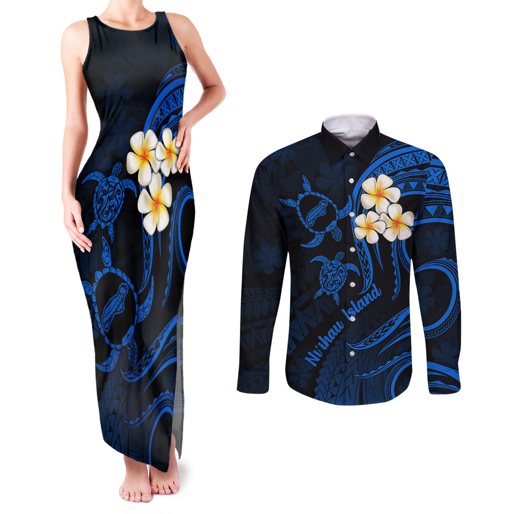 Hawaii Couples Matching Tank Maxi Dress and Long Sleeve Button Shirts Niihau Islands Polynesian Sunset Plumeria Blue Vibe LT9 Blue - Polynesian Pride