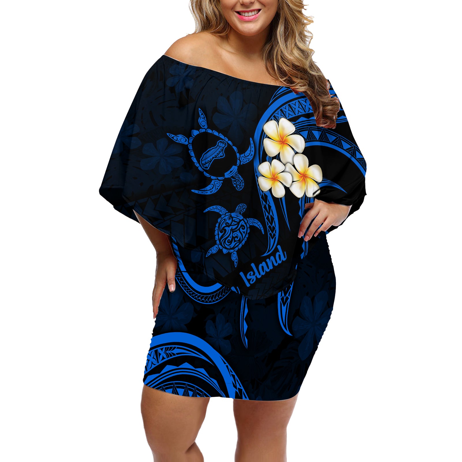 Hawaii Off Shoulder Short Dress Niihau Islands Polynesian Sunset Plumeria Blue Vibe LT9 Women Blue - Polynesian Pride