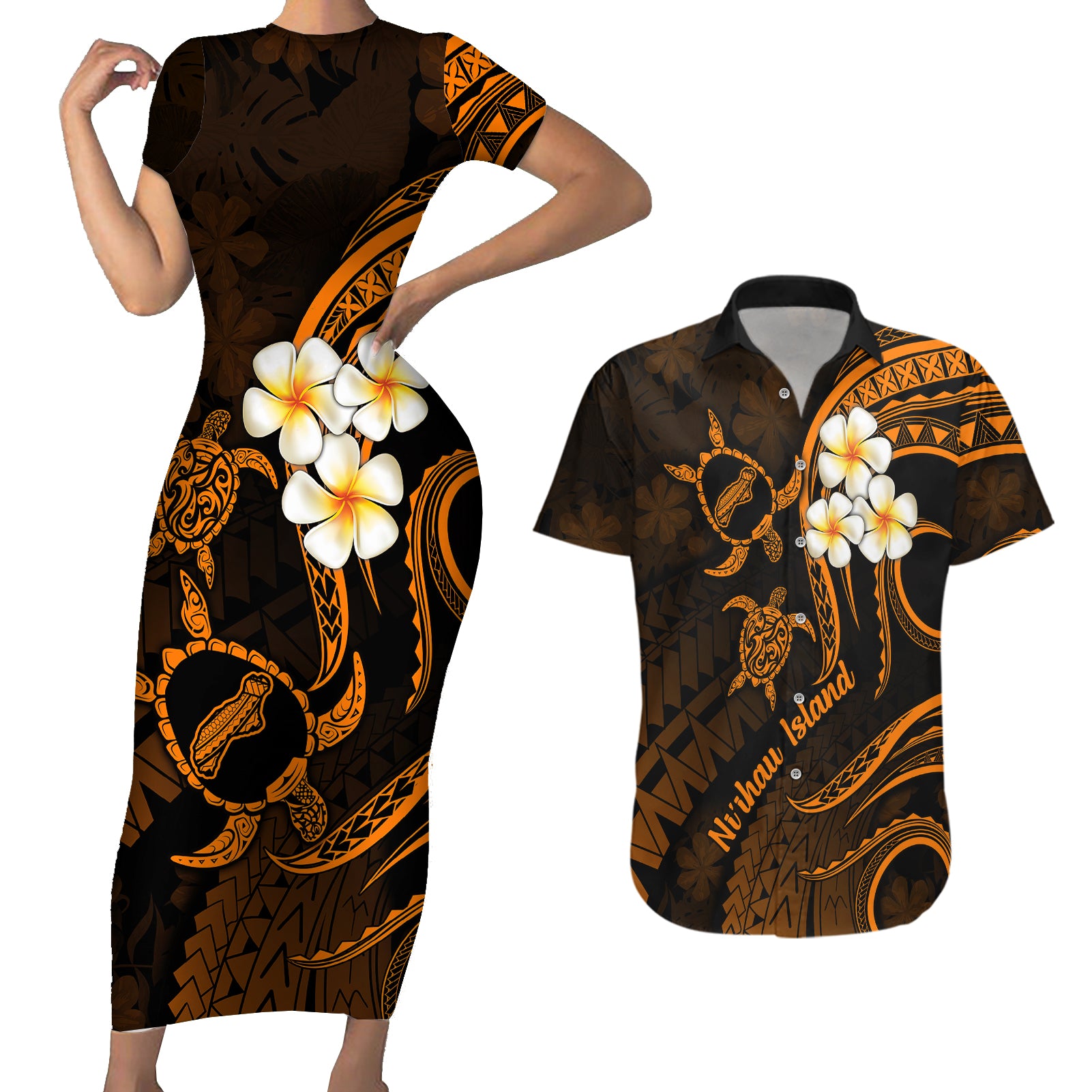 Hawaii Couples Short Sleeve Bodycon Dress and Hawaiian Shirt Niihau Islands Polynesian Sunset Plumeria Gold Vibe LT9 Gold - Polynesian Pride