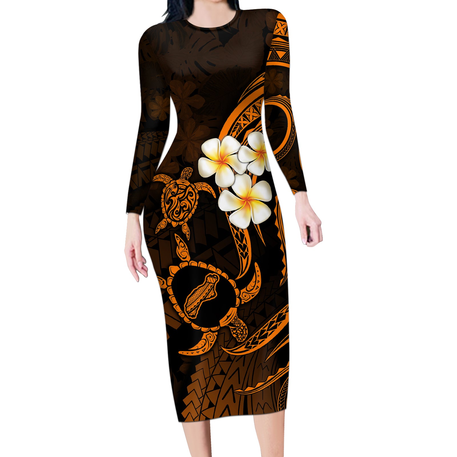 Hawaii Long Sleeve Bodycon Dress Niihau Islands Polynesian Sunset Plumeria Gold Vibe LT9 Long Dress Gold - Polynesian Pride