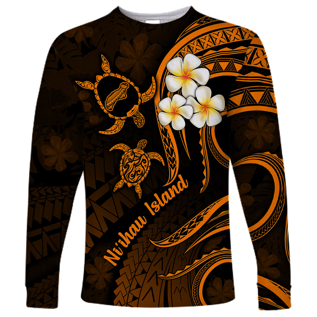 Hawaii Long Sleeve Shirt Niihau Islands Polynesian Sunset Plumeria Gold Vibe LT9 Unisex Gold - Polynesian Pride