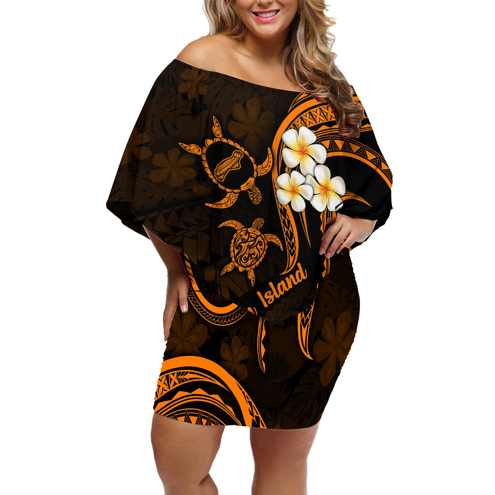 Hawaii Off Shoulder Short Dress Niihau Islands Polynesian Sunset Plumeria Gold Vibe LT9 Women Gold - Polynesian Pride