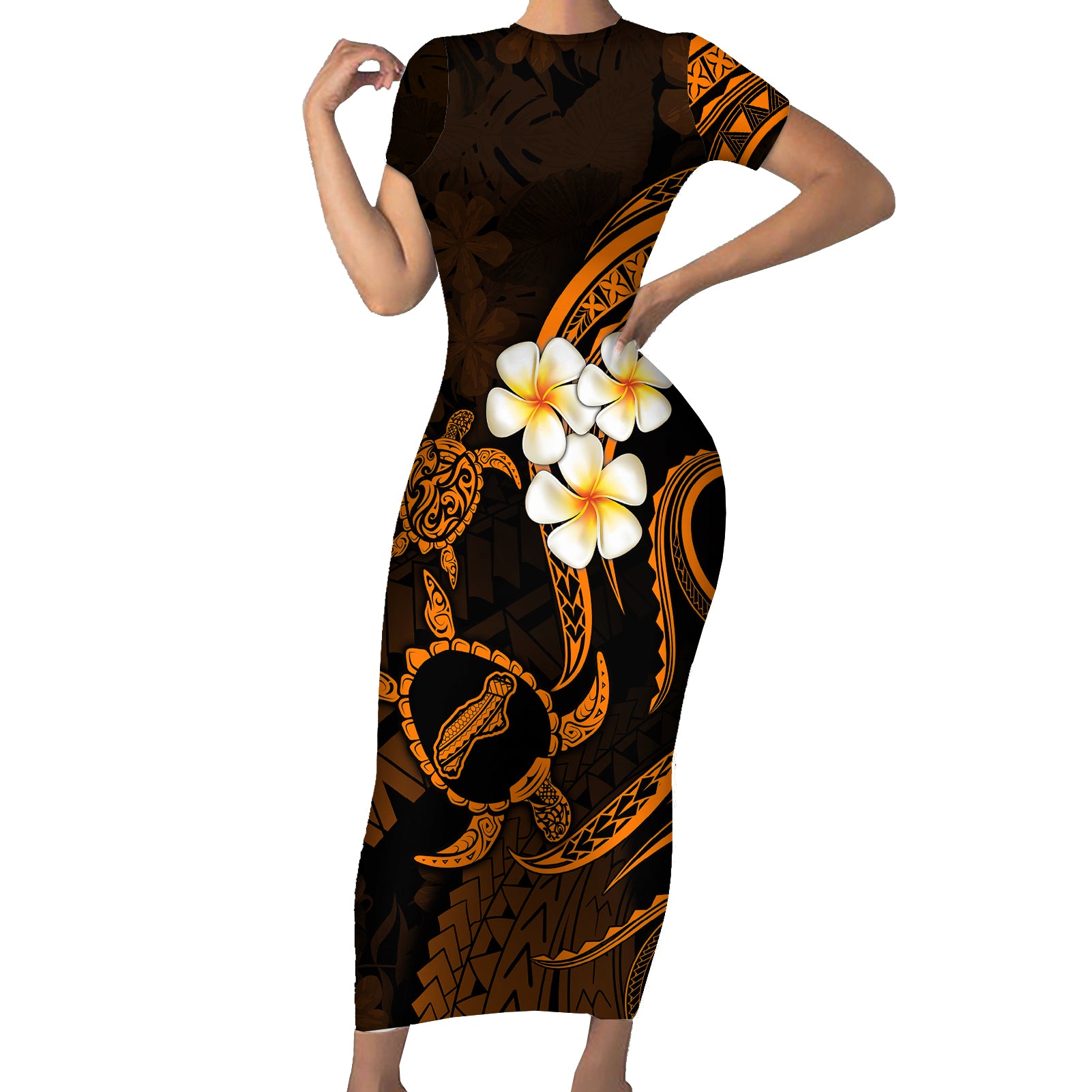 Hawaii Short Sleeve Bodycon Dress Niihau Islands Polynesian Sunset Plumeria Gold Vibe LT9 Long Dress Gold - Polynesian Pride