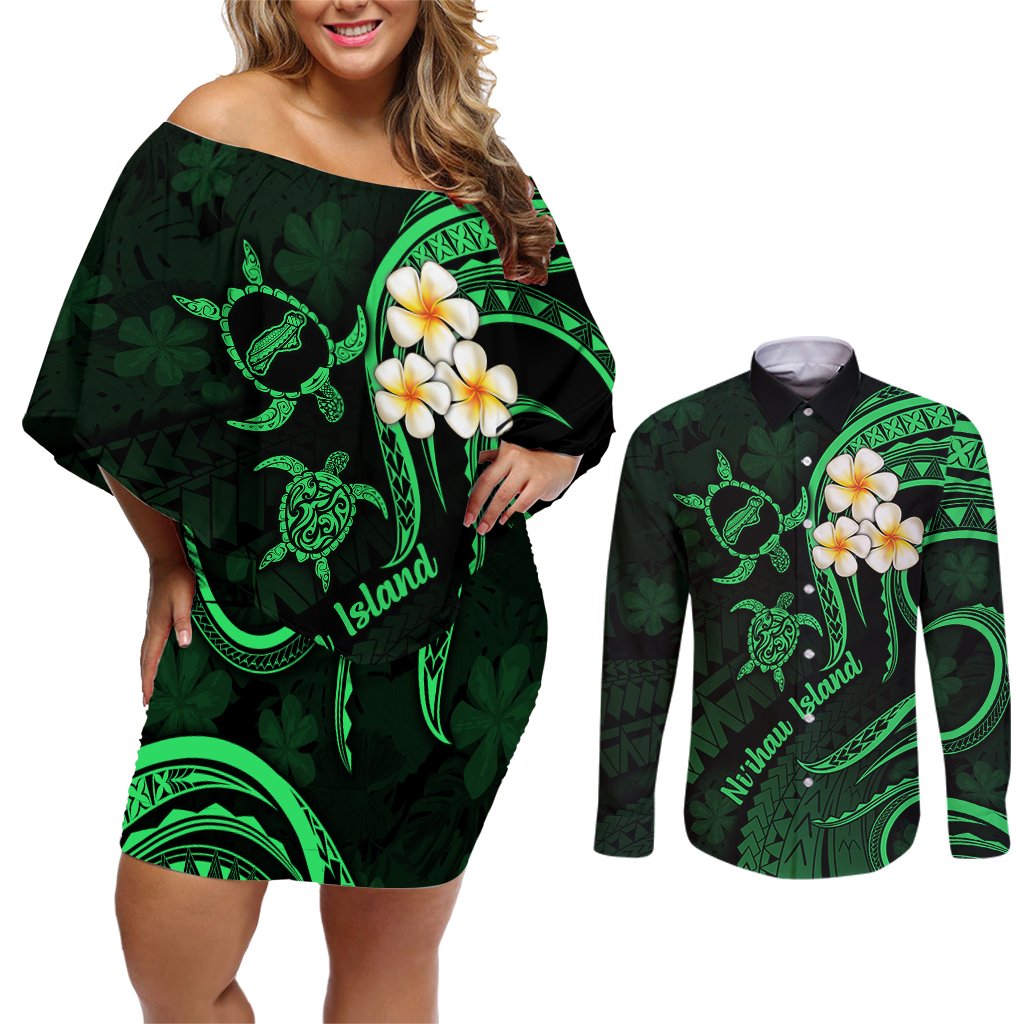 Hawaii Couples Off Shoulder Short Dress and Long Sleeve Button Shirts Niihau Islands Polynesian Sunset Plumeria Green Vibe LT9 Green - Polynesian Pride