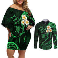 Hawaii Couples Off Shoulder Short Dress and Long Sleeve Button Shirts Niihau Islands Polynesian Sunset Plumeria Green Vibe LT9 Green - Polynesian Pride