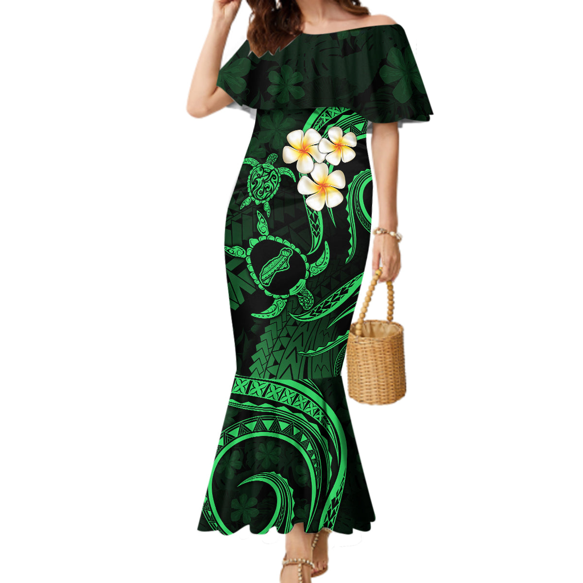 Hawaii Mermaid Dress Niihau Islands Polynesian Sunset Plumeria Green Vibe LT9 Women Green - Polynesian Pride