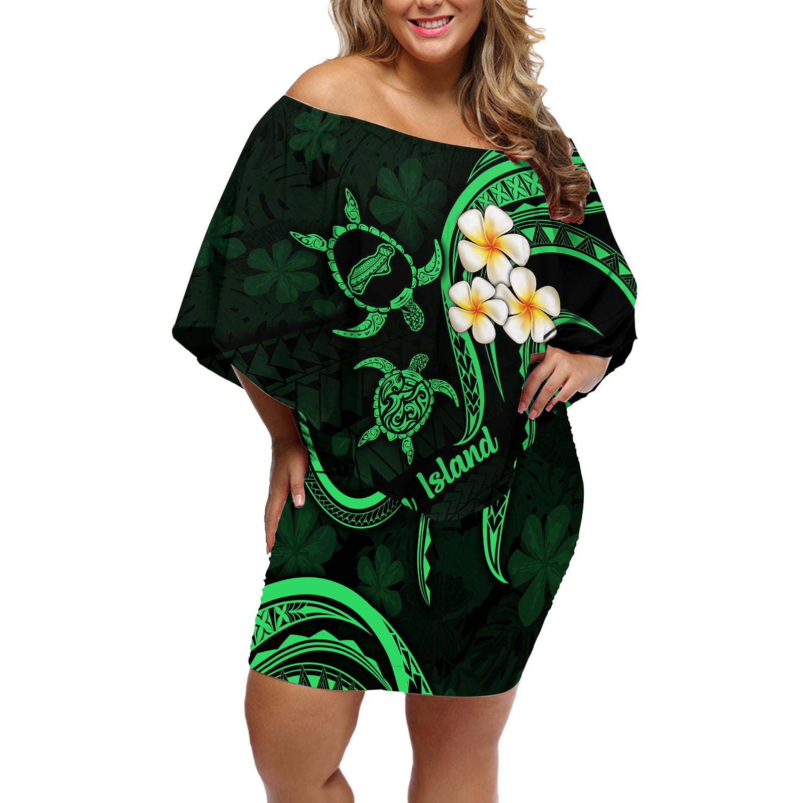 Hawaii Off Shoulder Short Dress Niihau Islands Polynesian Sunset Plumeria Green Vibe LT9 Women Green - Polynesian Pride