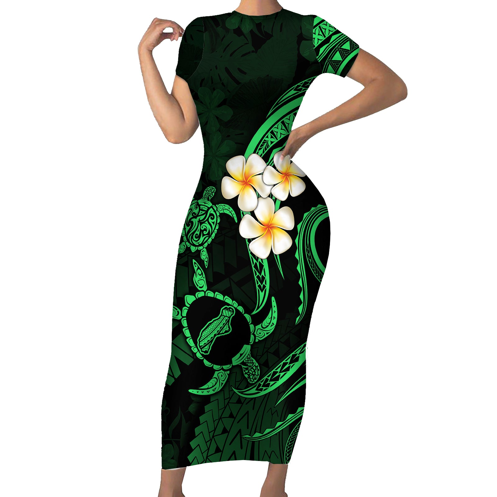 Hawaii Short Sleeve Bodycon Dress Niihau Islands Polynesian Sunset Plumeria Green Vibe LT9 Long Dress Green - Polynesian Pride